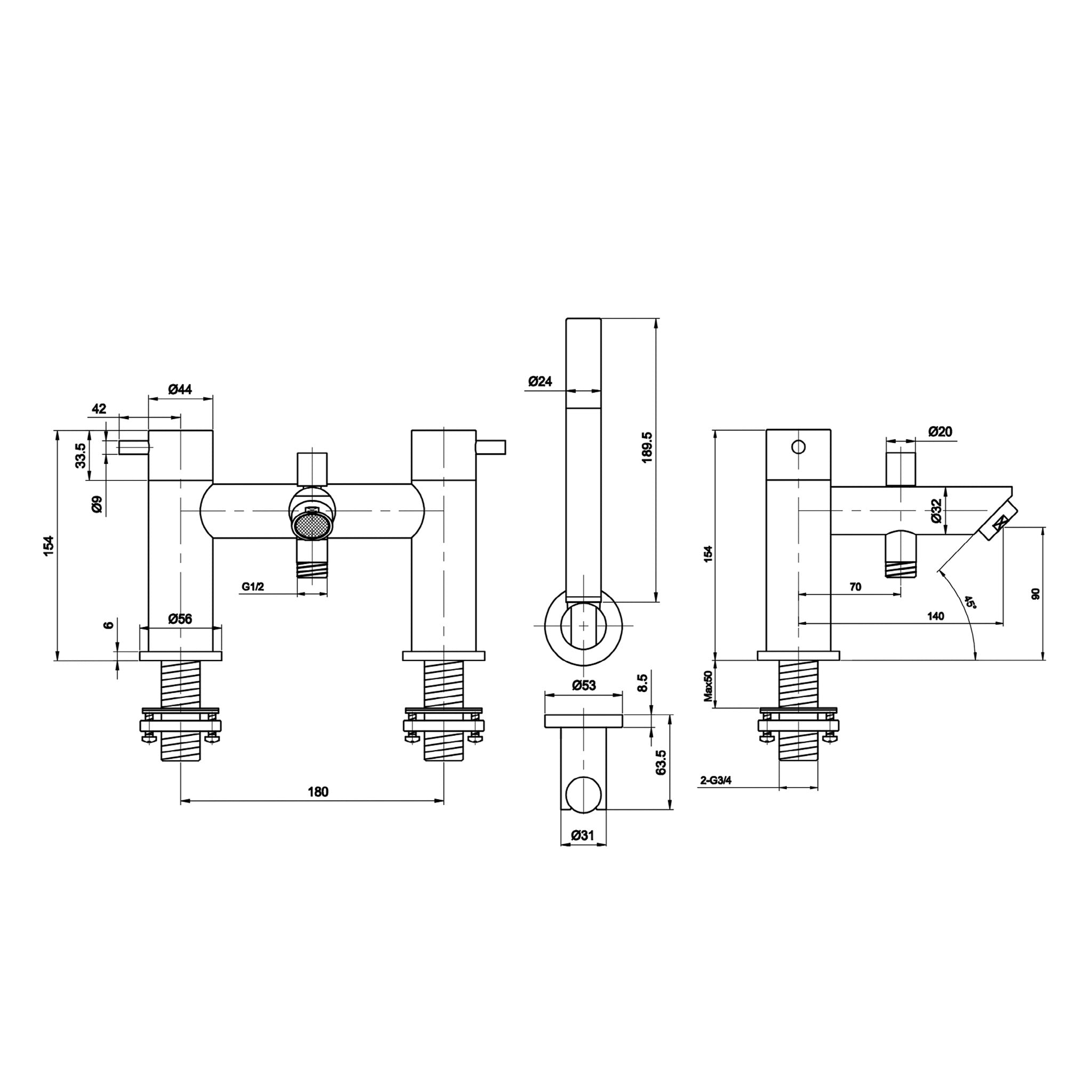 JTP Fonti 2 Hole Bath Shower Mixer Tap