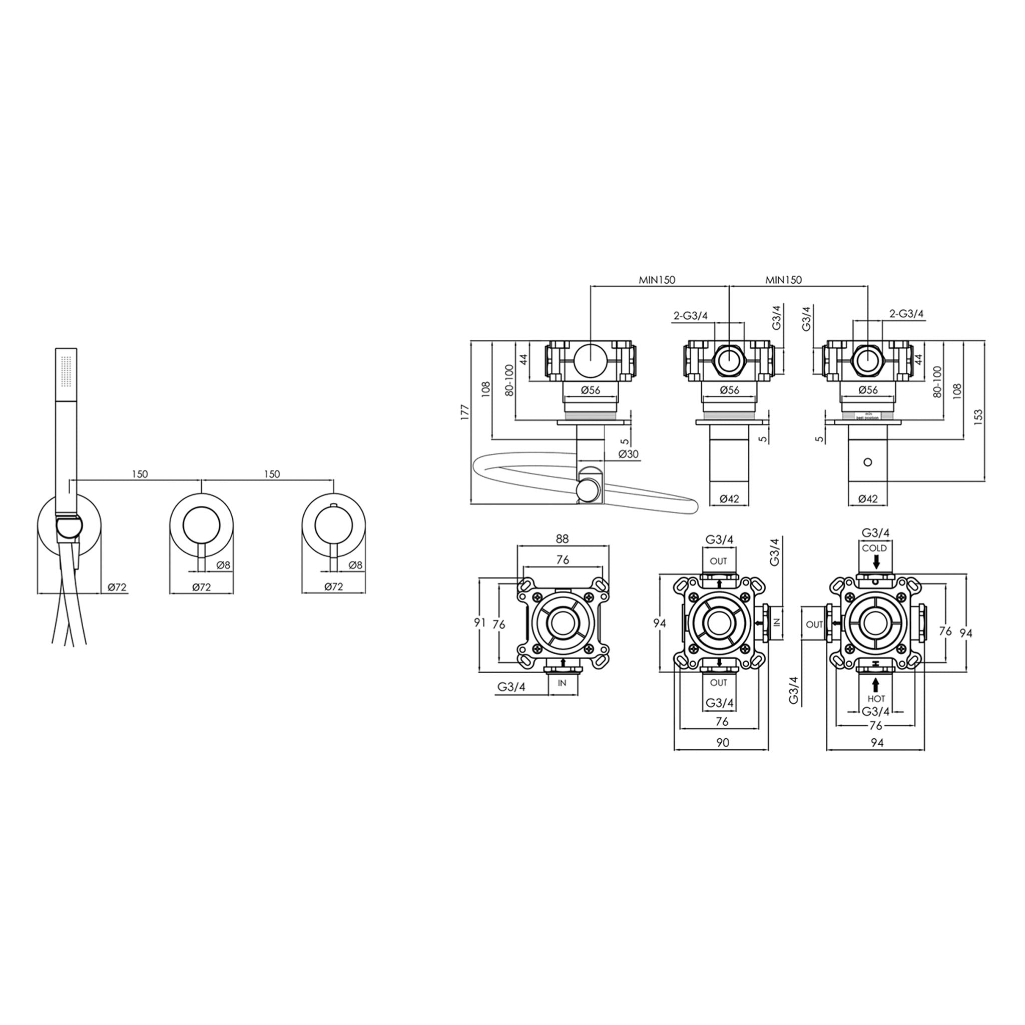 JTP Florence  2 Outlet Thermostatic Concealed 2 Control Shower Valve & Handset