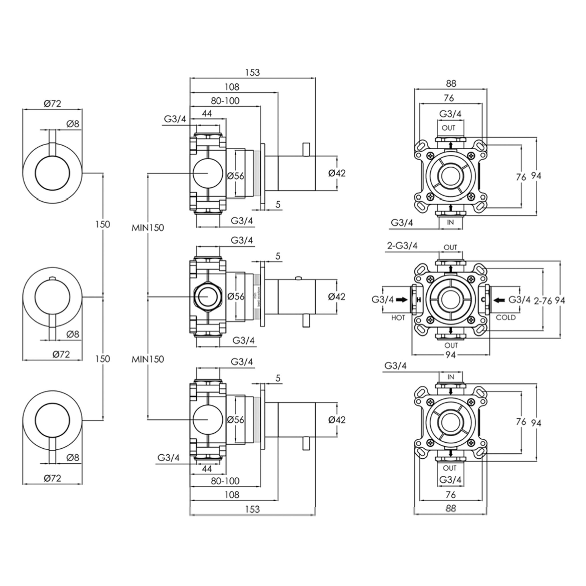 JTP Florence  2 Outlet Thermostatic Concealed 3 Control Shower Valve