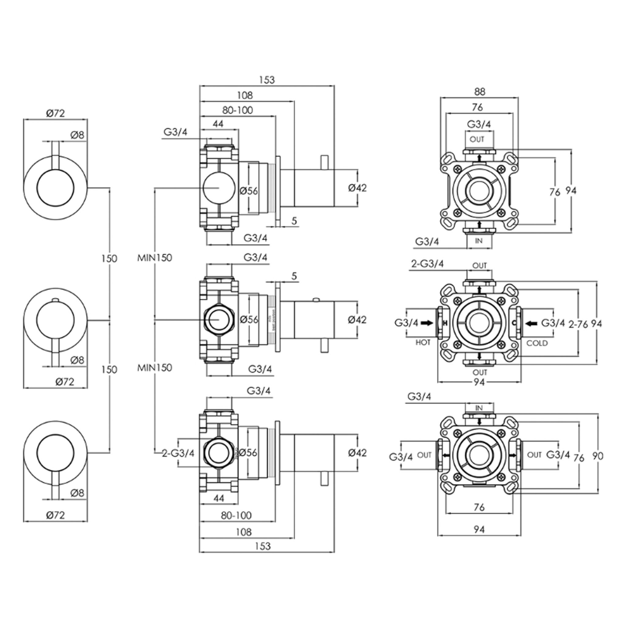 JTP Florence 3 Outlet Thermostatic Concealed 3 Control Shower Valve