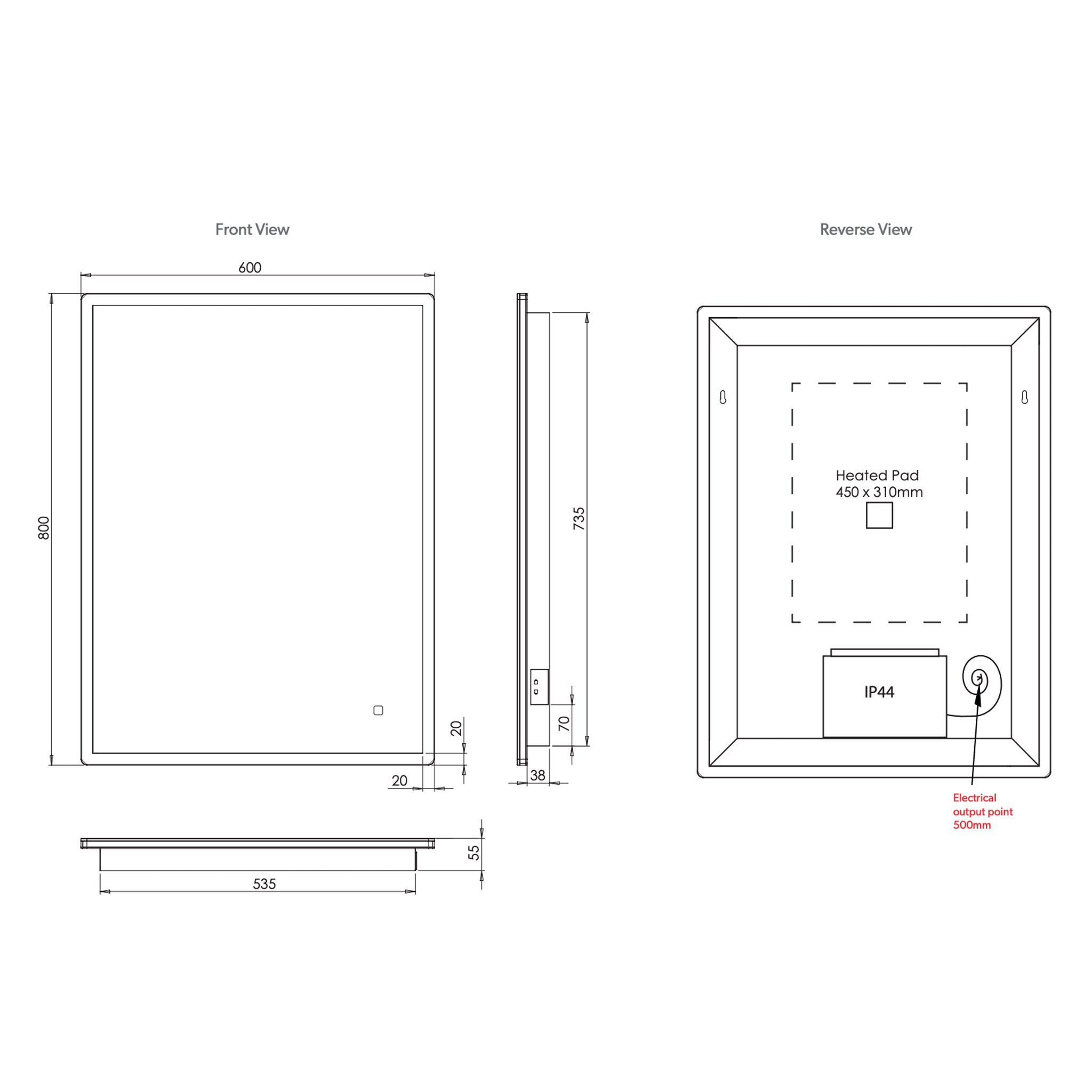 HiB Vega 60 LED Mirror With Charging Socket 60 x 80cm