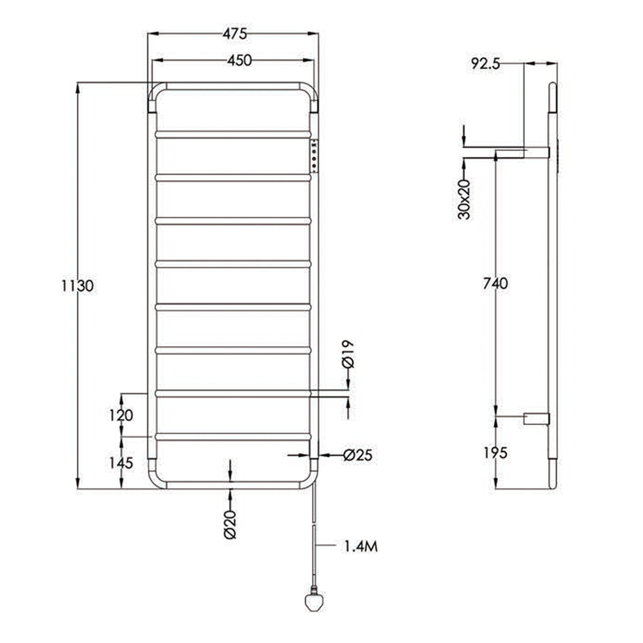 JTP Aero Electric Wall Mounted Heated Towel Rail 1130 x 475mm