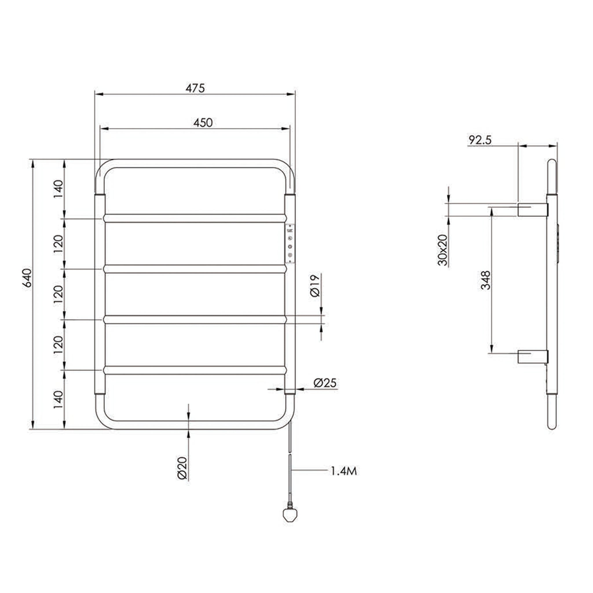 JTP Aero Electric Wall Mounted Heated Towel Rail 640 x 475mm