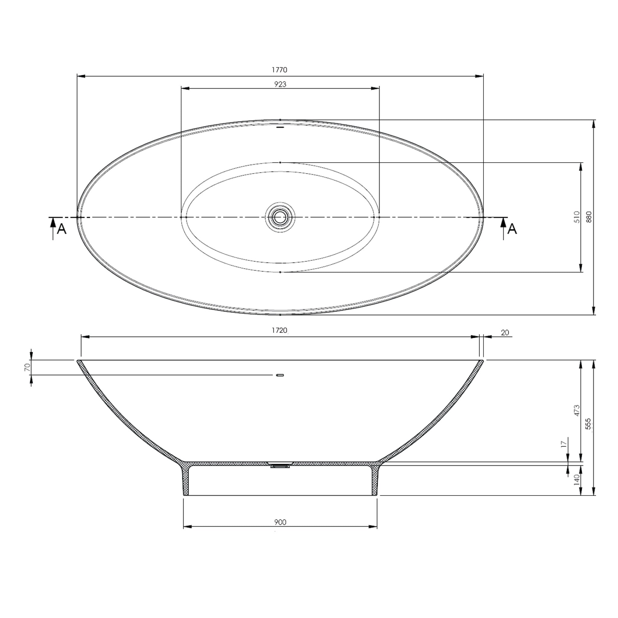 BC Designs Tasse Double Ended Cian Bath 1770 x 880mm