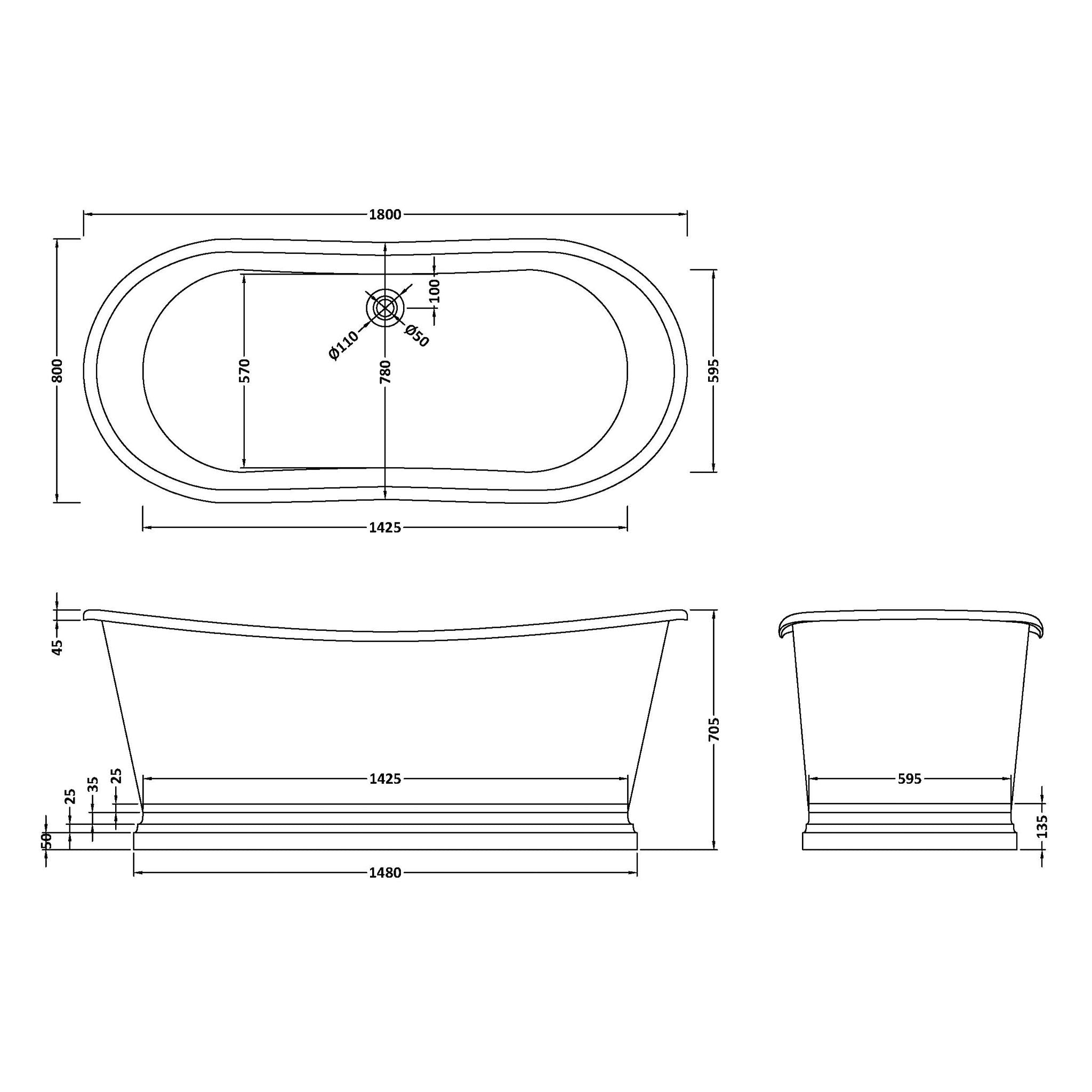 BC Designs Copper/Acrylic Boat Double Ended Roll Top Bath 1800 x 800mm