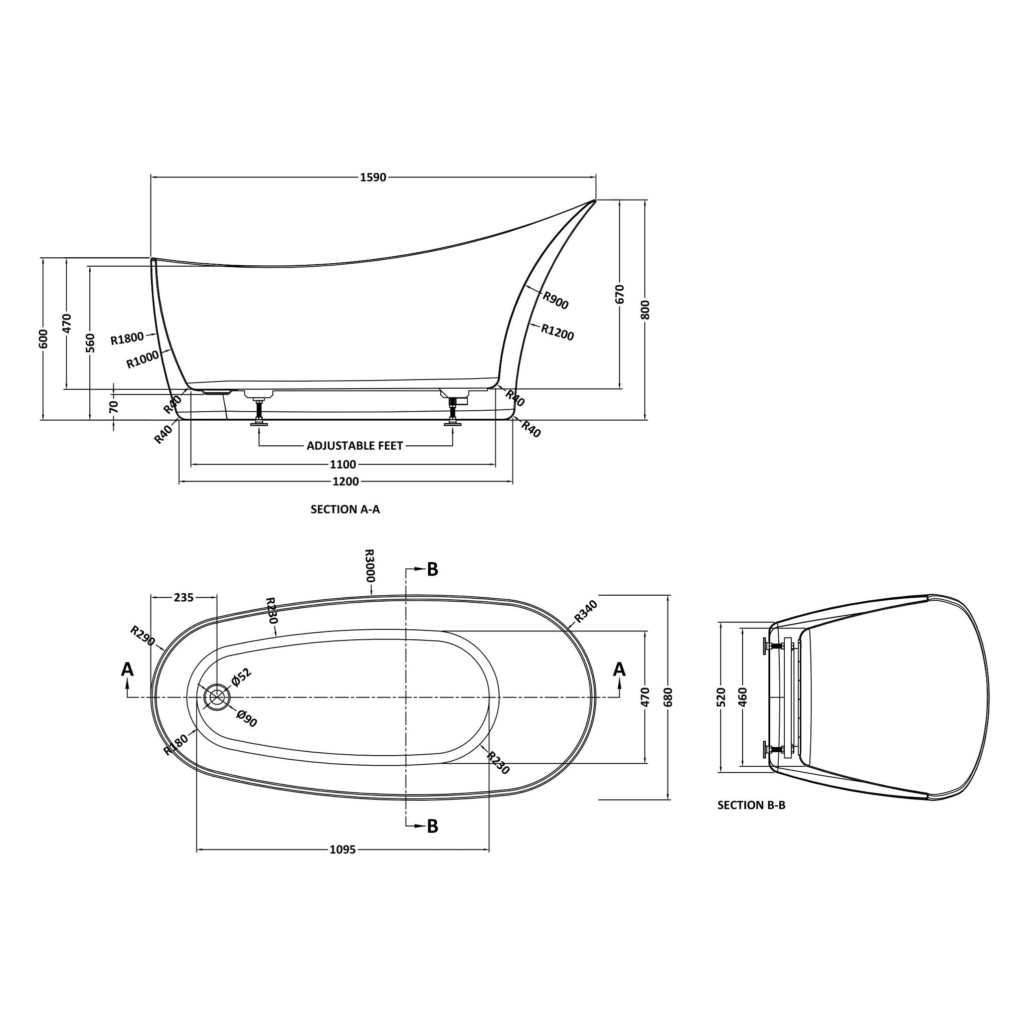 BC Designs Slipp Slipper Double Ended Acrymite Bath 1590 x 675mm