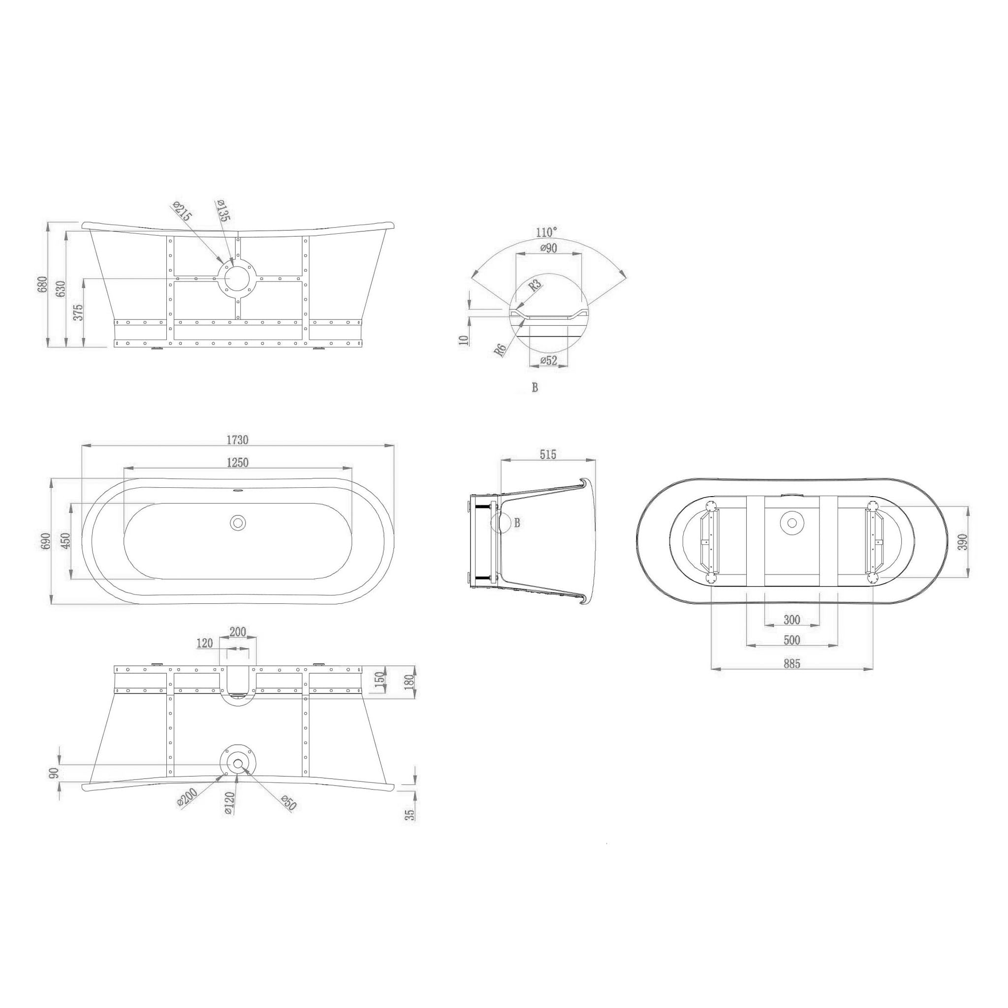 BC Designs Acrylic Industriale The Boat Double Ended Roll Top Bath 1730 x 690mm