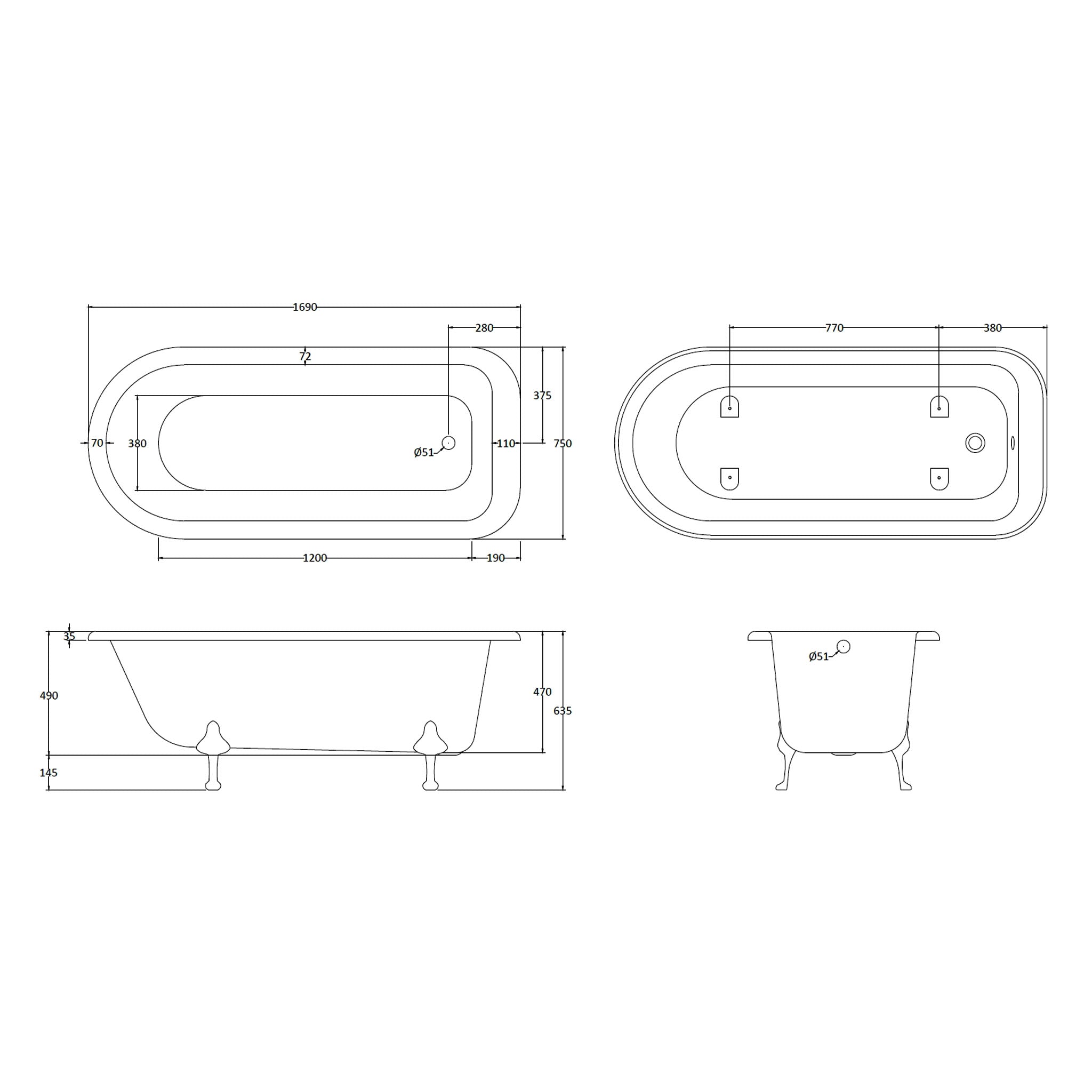 BC Designs Mistley Single Ended Roll Top Bath 1700 x 635mm