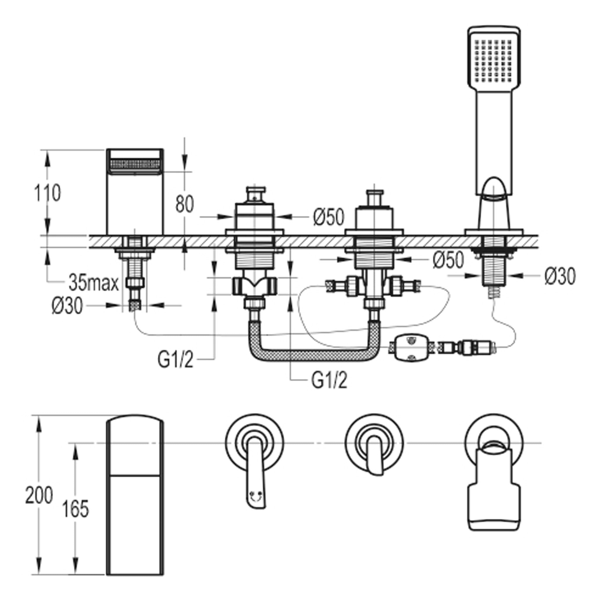 Flova Cascade 4-Hole Deck Mounted Bath Shower Mixer Tap