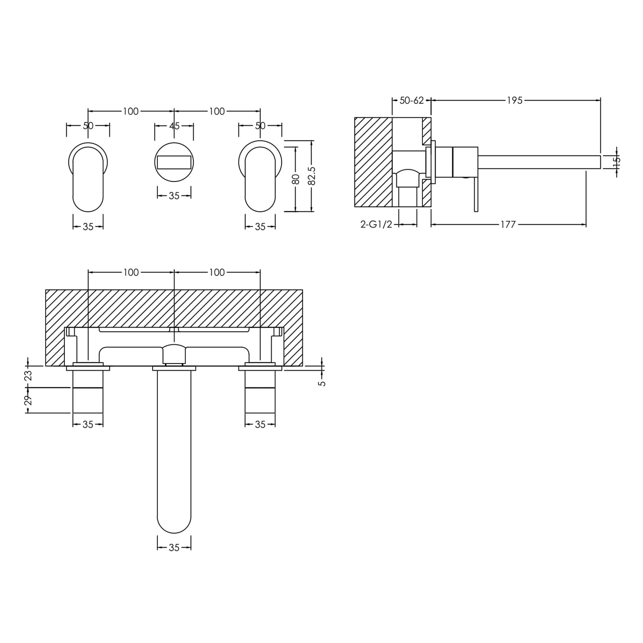 BC Designs Chelmsford 3TH Wall Mounted Basin Mixer Tap Without Plate