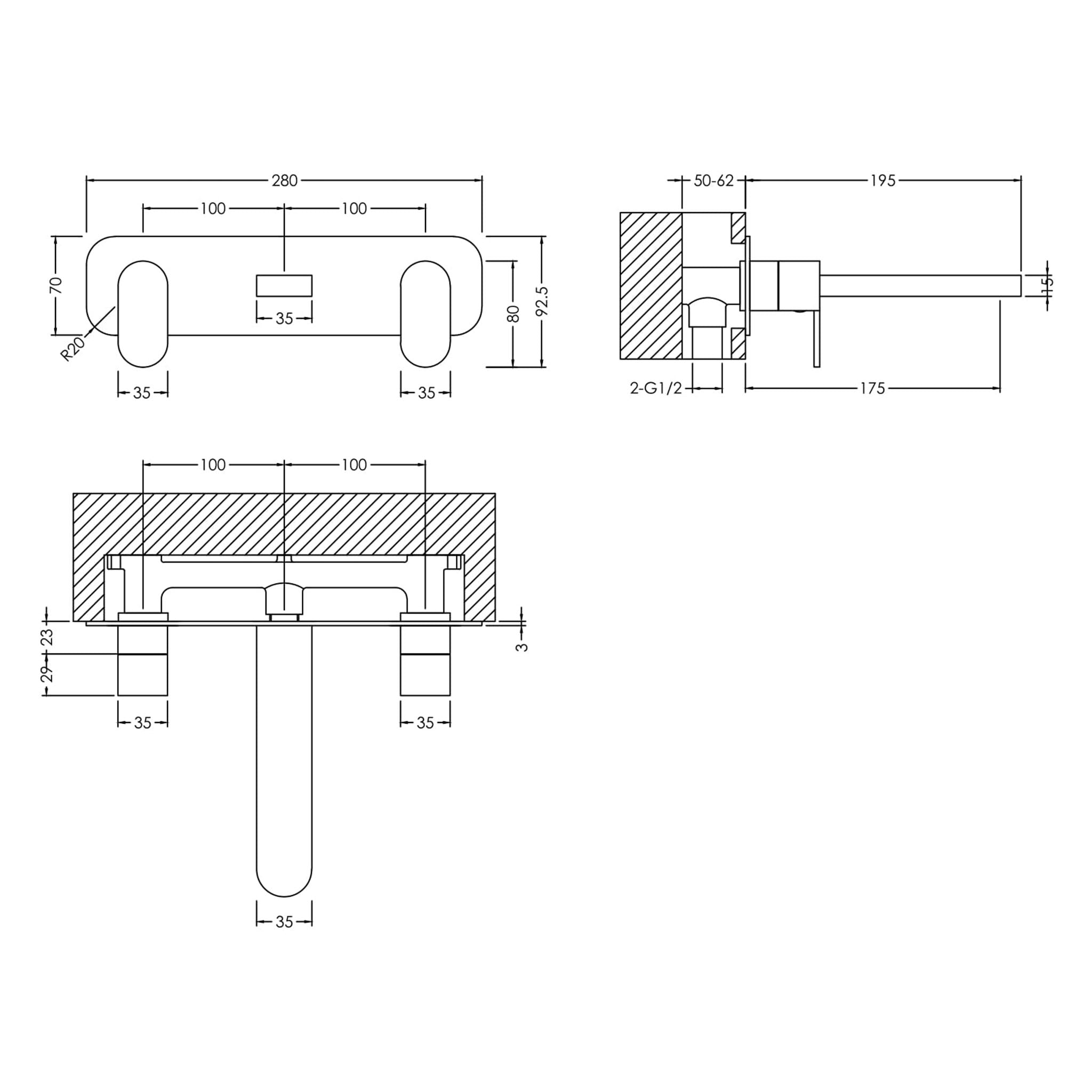 BC Designs Chelmsford 3TH Wall Mounted Basin Mixer Tap With Plate