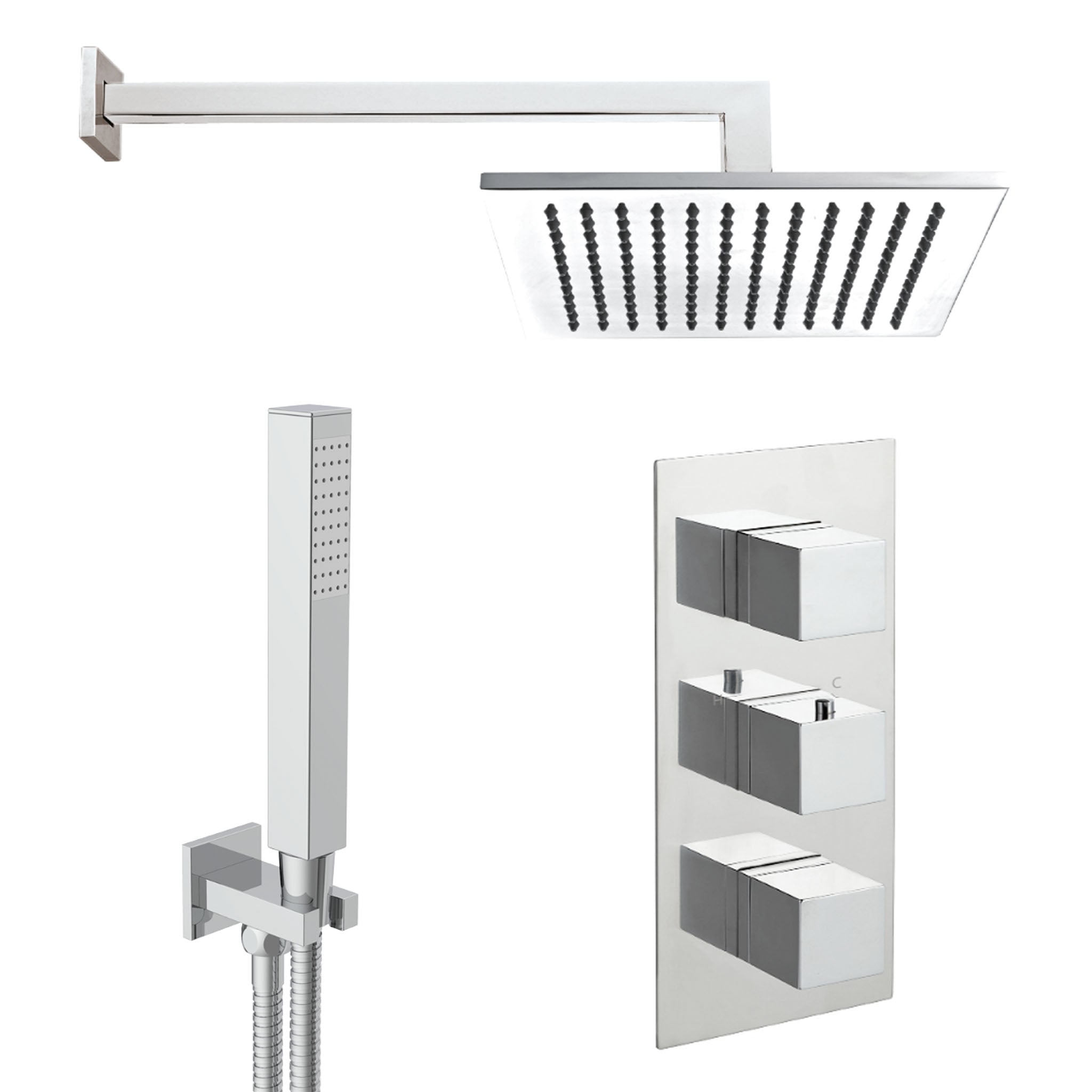 JTP Athena Square 3 Control Thermostatic Shower Valve With Overhead Shower & Fixed Shower Hand Set