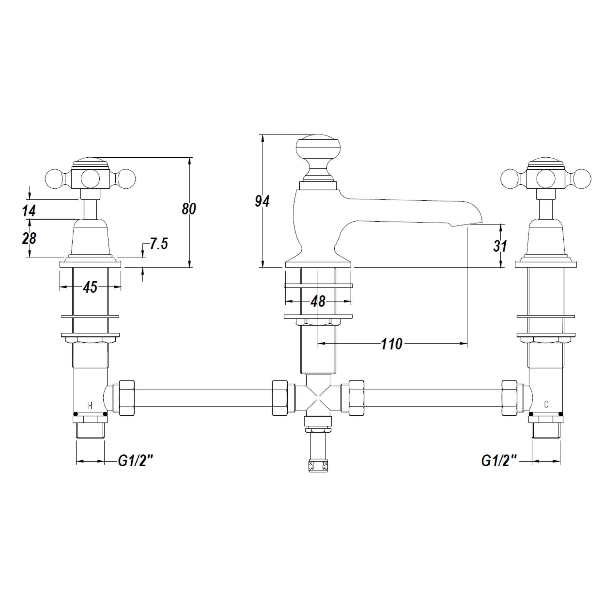 BC Designs Victrion Crosshead 3 Hole Basin Mixer Tap & Waste