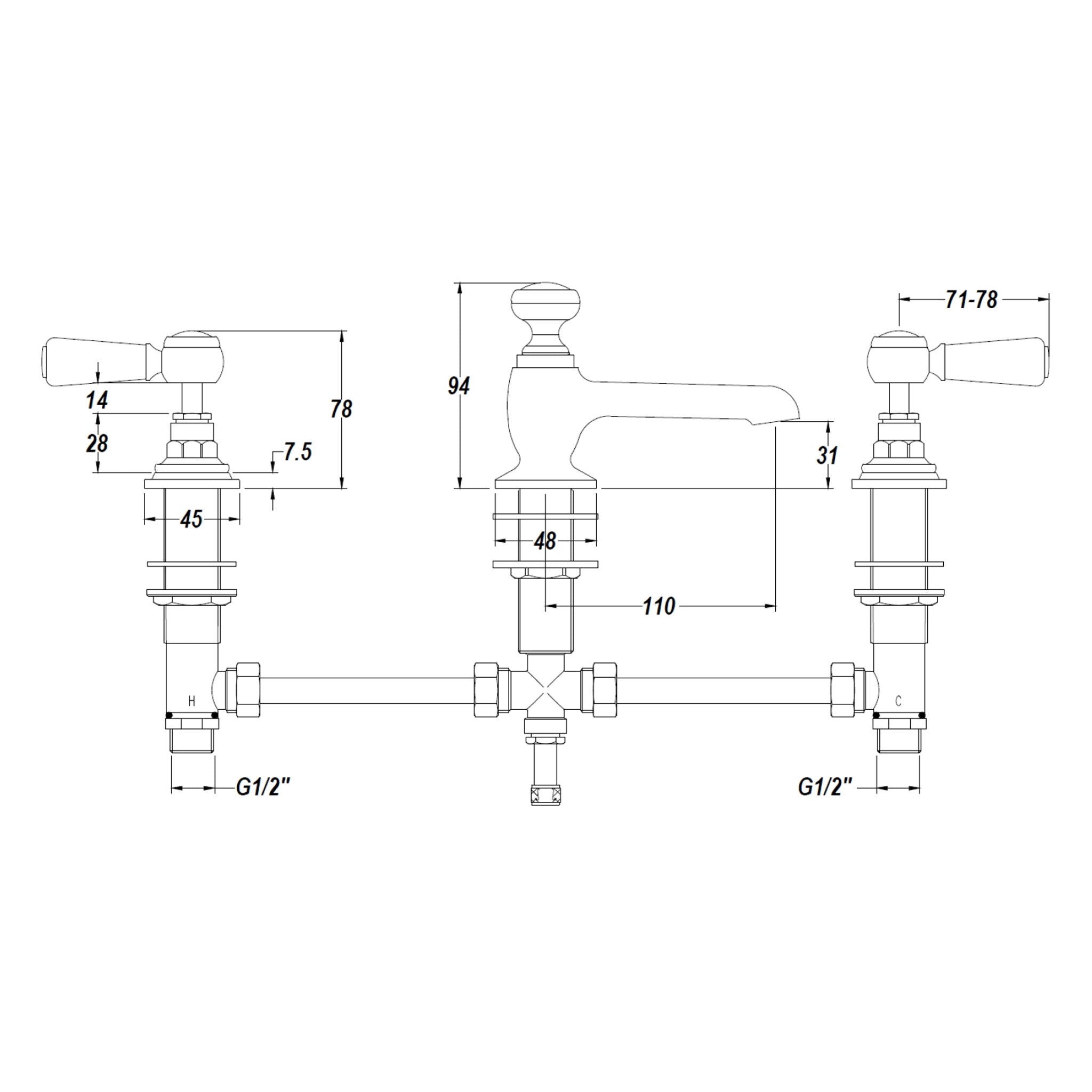 BC Designs Victrion Lever 3 Hole Basin Mixer Tap & Waste