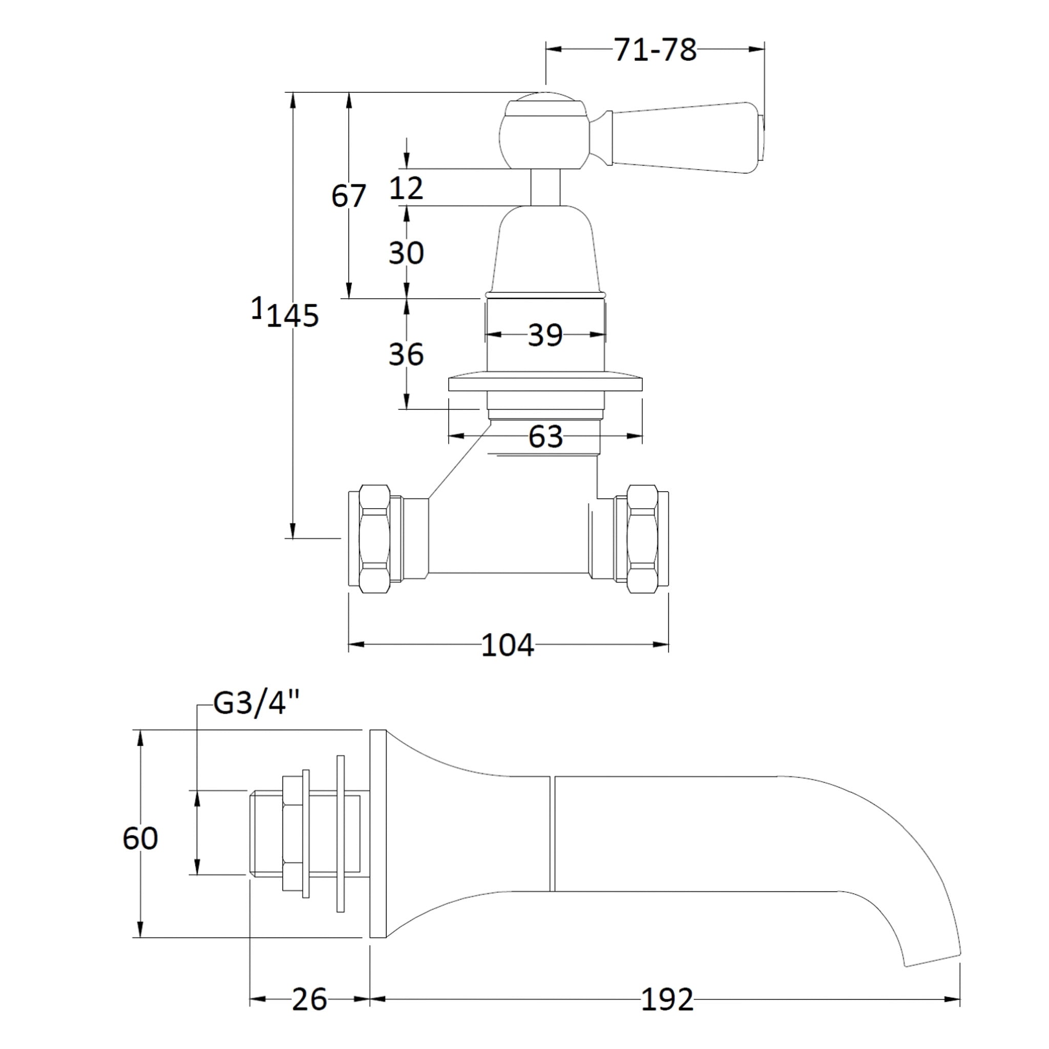 BC Designs Victrion Lever 3 Hole Wall Mounted Bath Filler Tap With Spout