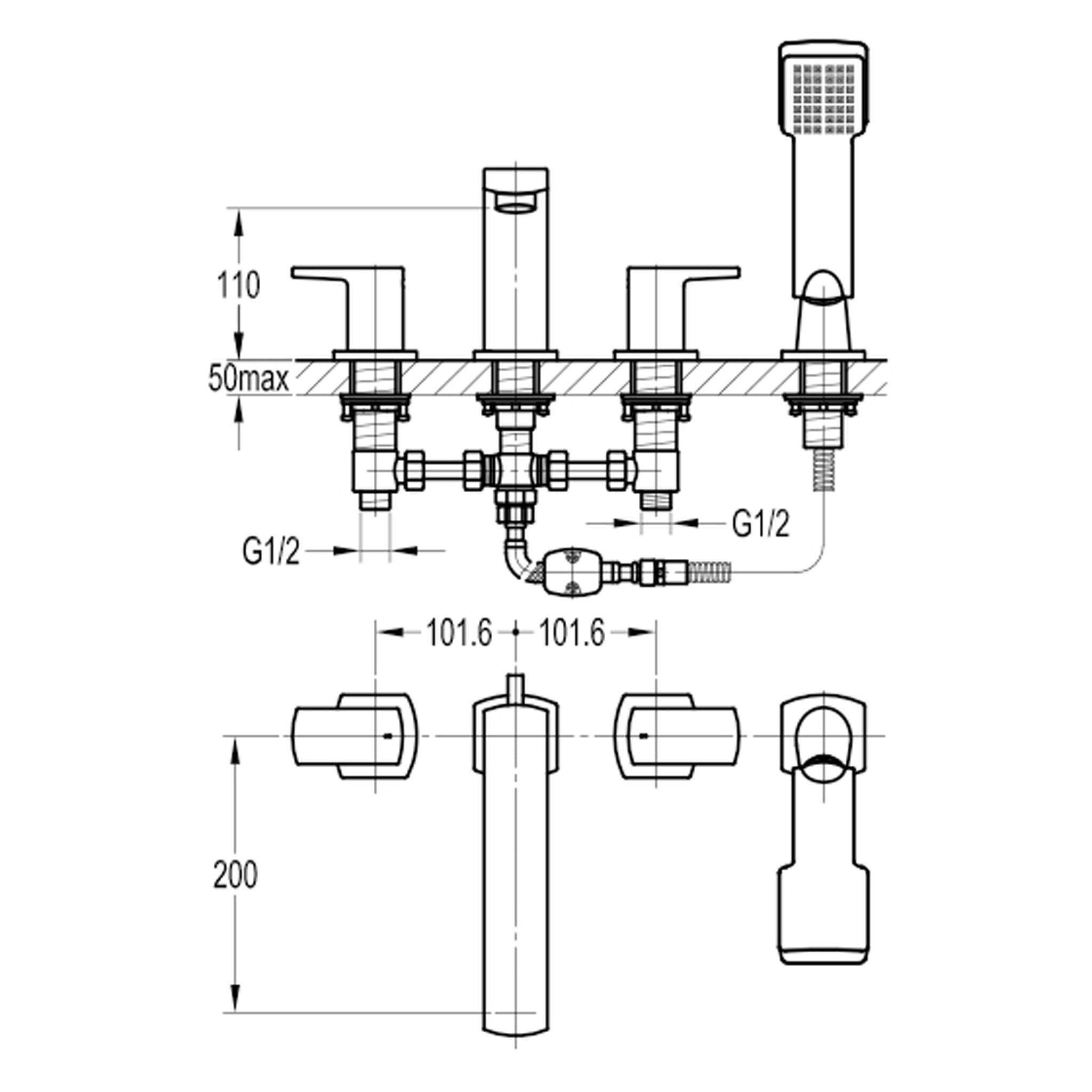 Flova Dekka 4-Hole Deck Mounted Bath Shower Mixer Tap