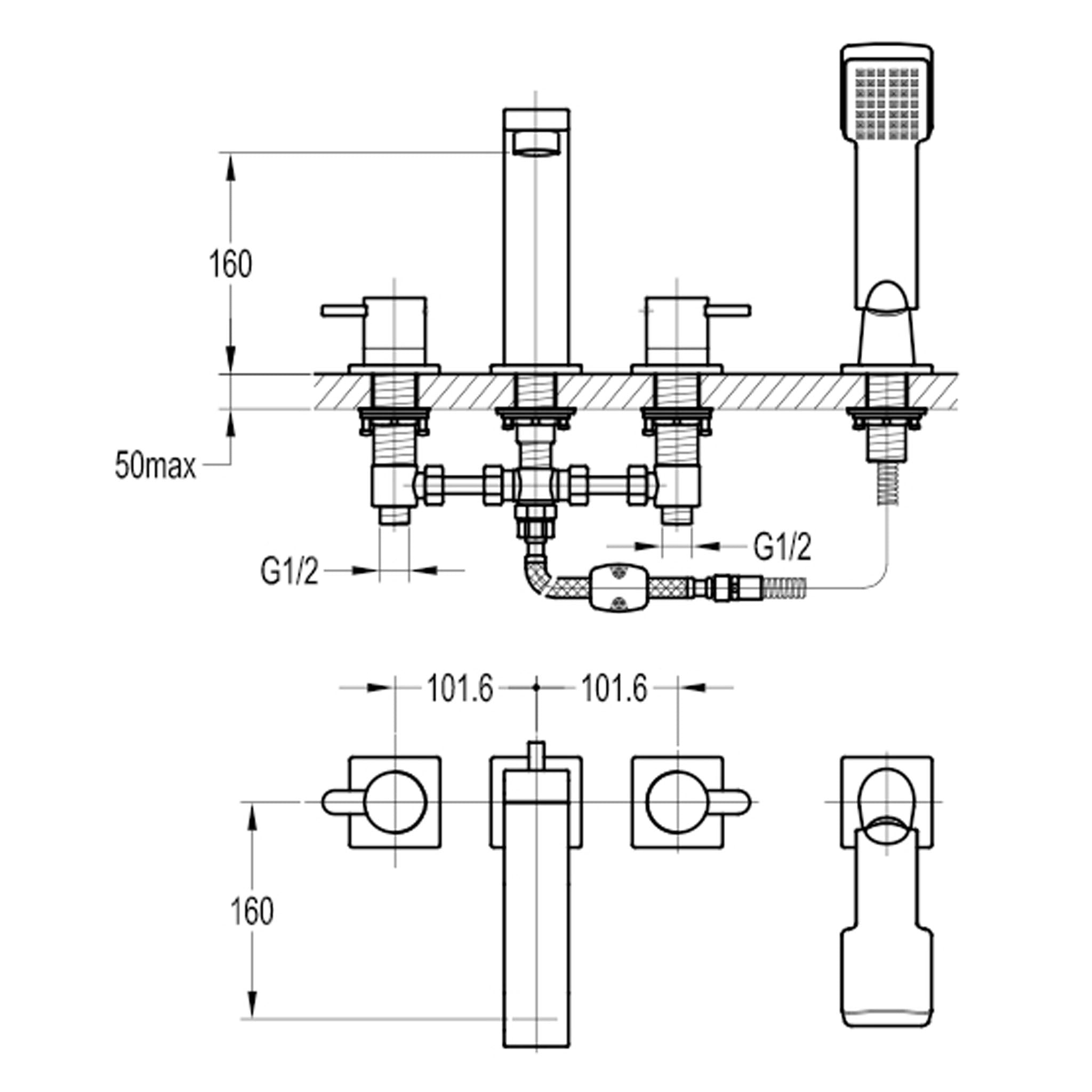 Flova Essence 4-Hole Deck Mounted Bath Shower Mixer Tap