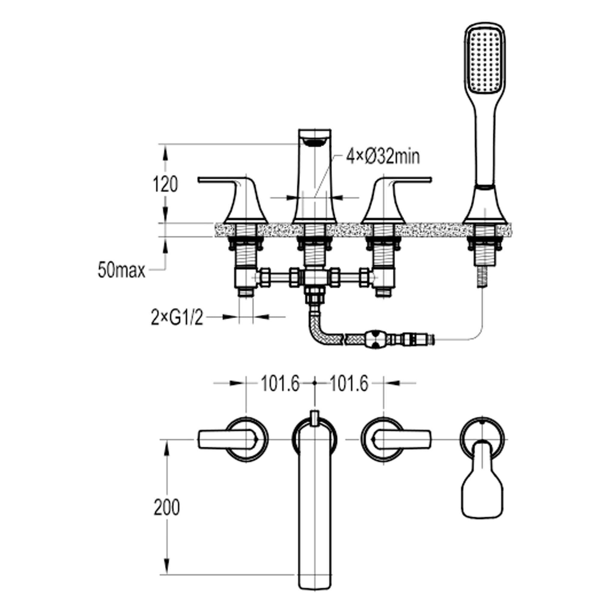 Flova Fusion 4-Hole Deck Mounted Bath Shower Mixer Tap