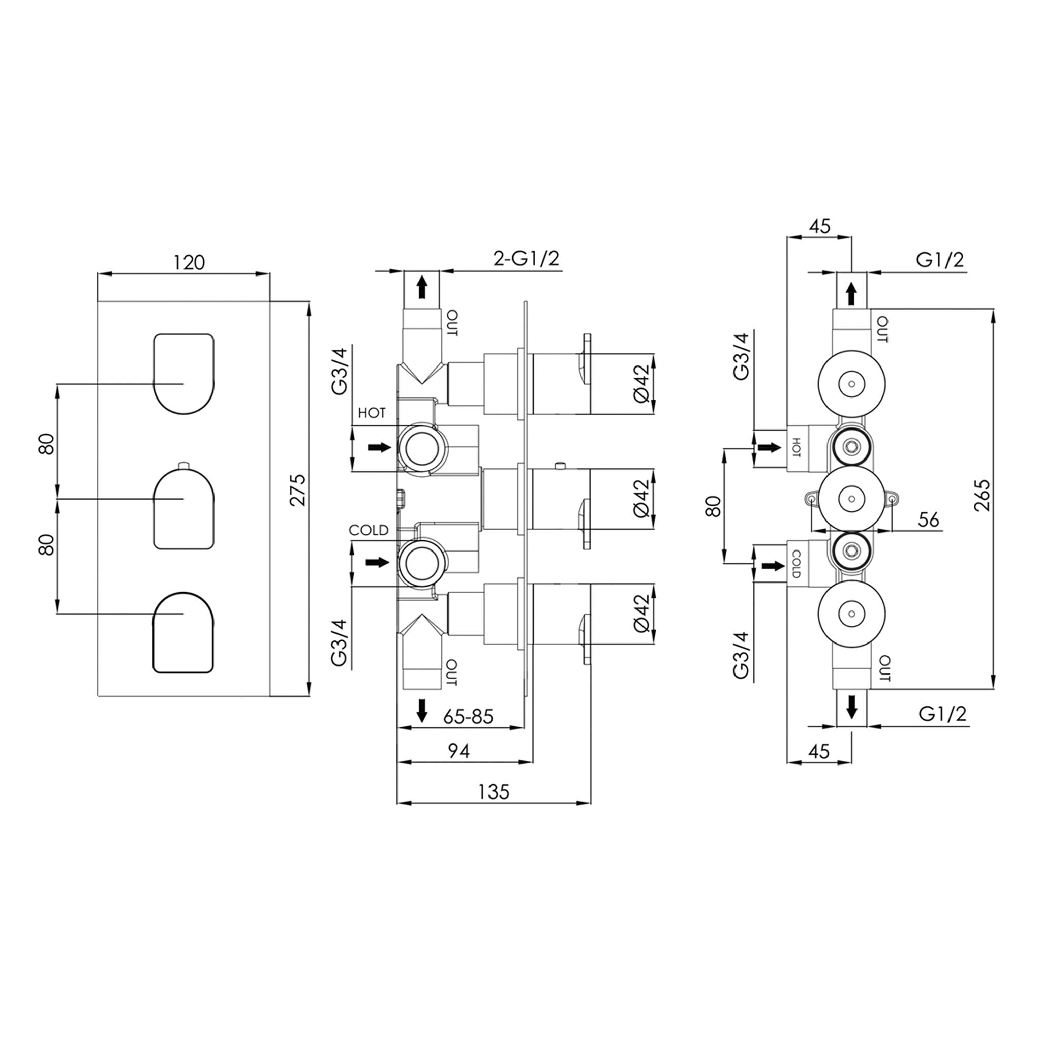 JTP Form 2 Outlet Thermostatic Concealed 3 Control Shower Valve