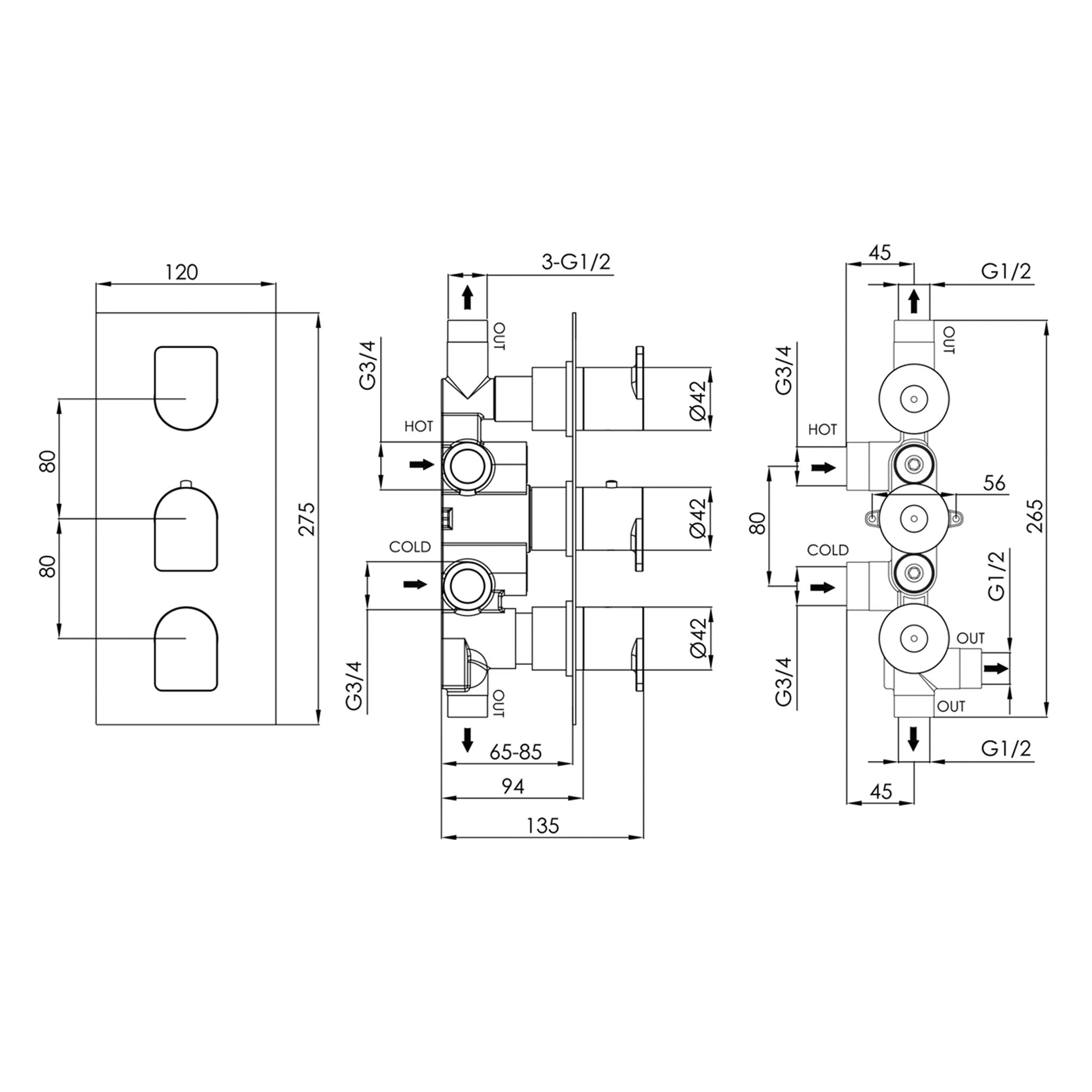 JTP Form 3 Outlet Thermostatic Concealed 3 Control Shower Valve