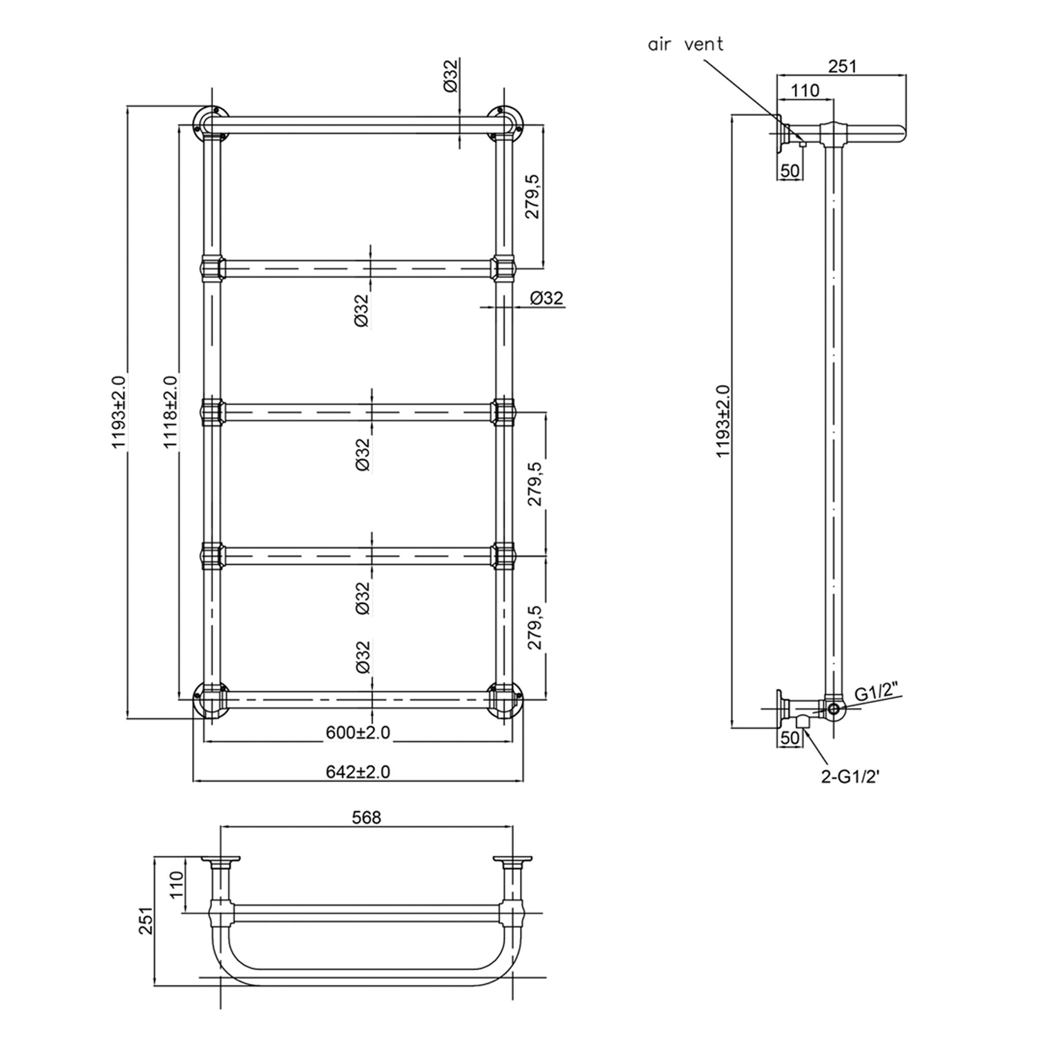 JTP Grosvenor Wall Mounted Heated Towel Rail 1193 x 600mm