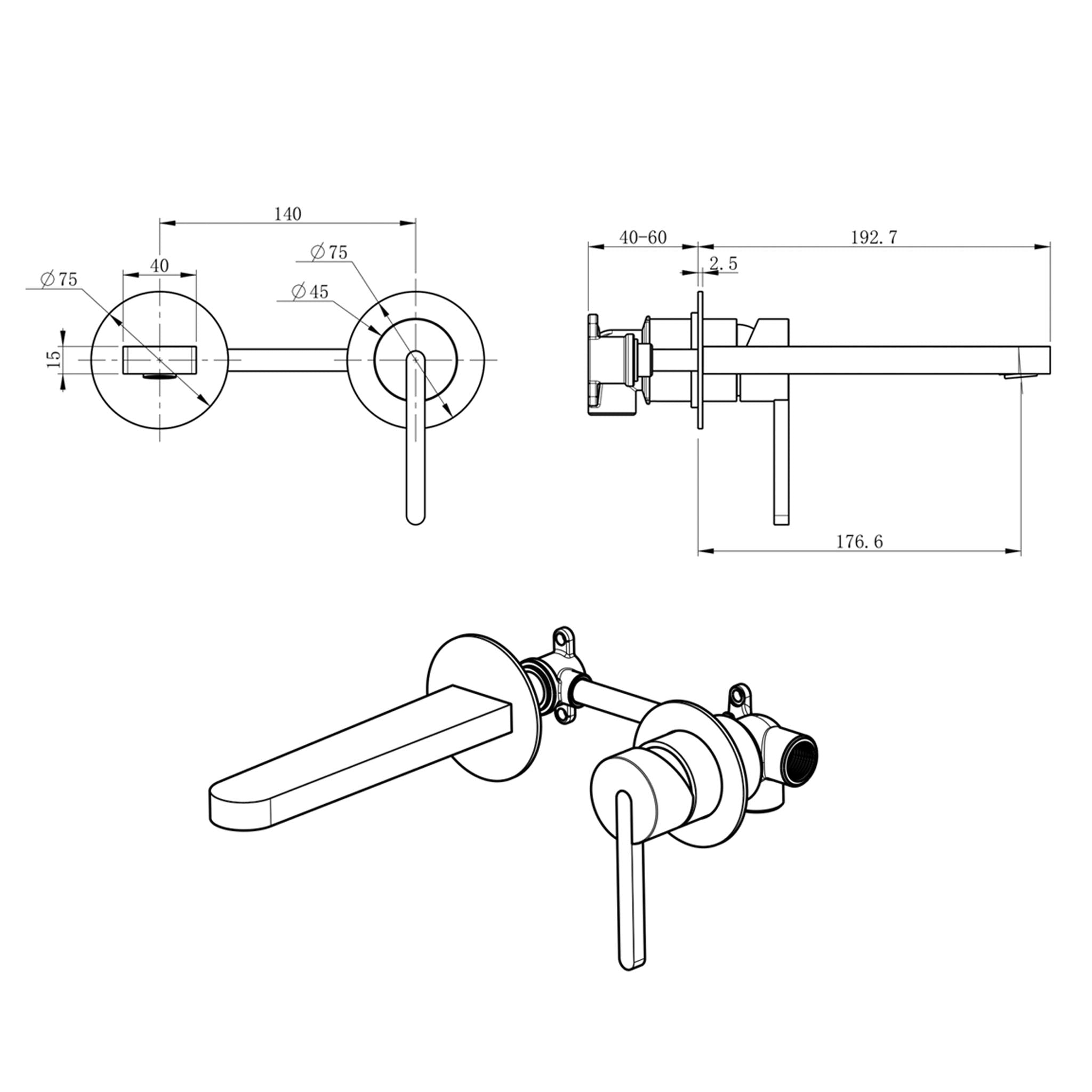 JTP Kio 2 Hole Wall Mounted Single Lever Basin Mixer Tap