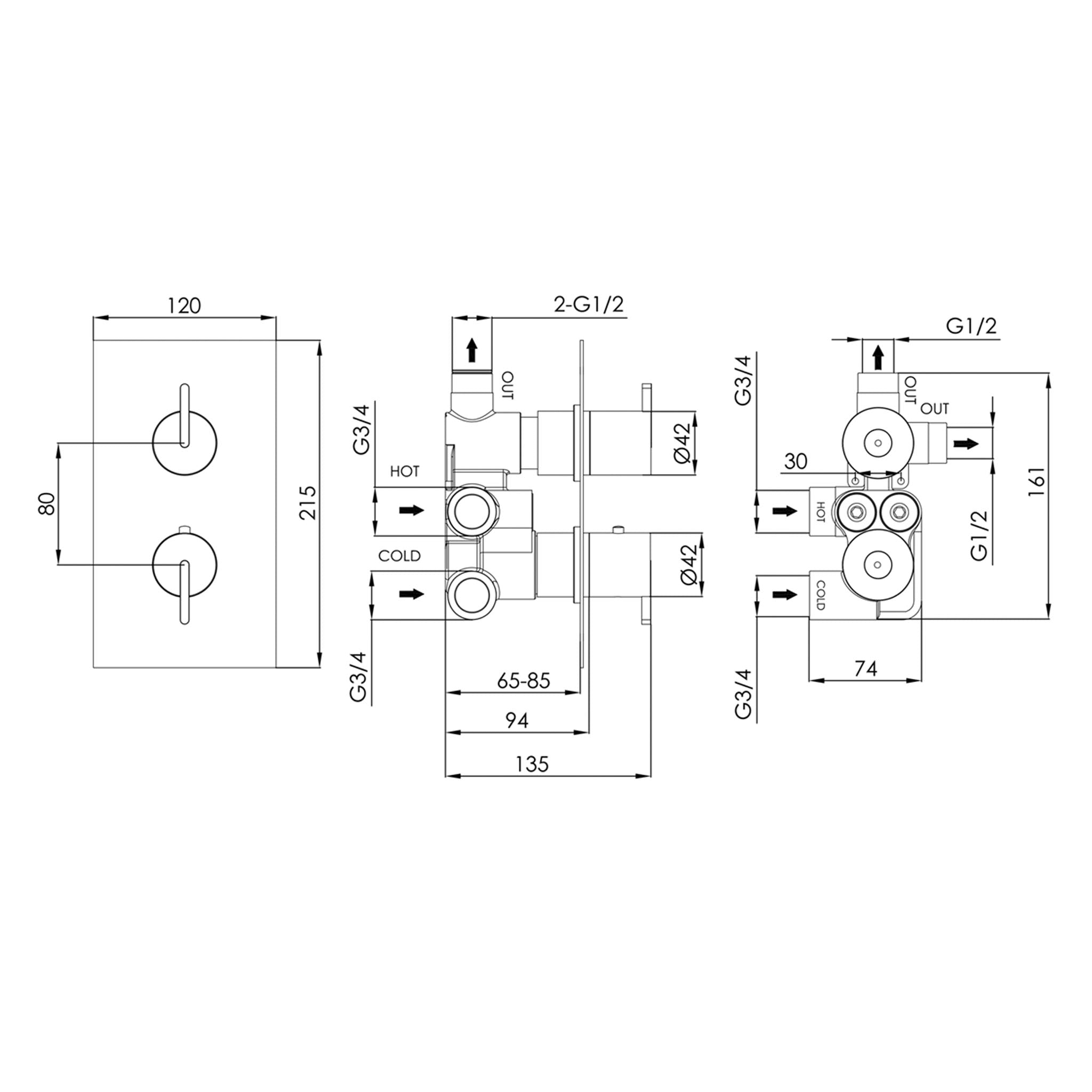 JTP Kio 2 Outlet Thermostatic Concealed 2 Control Shower Valve