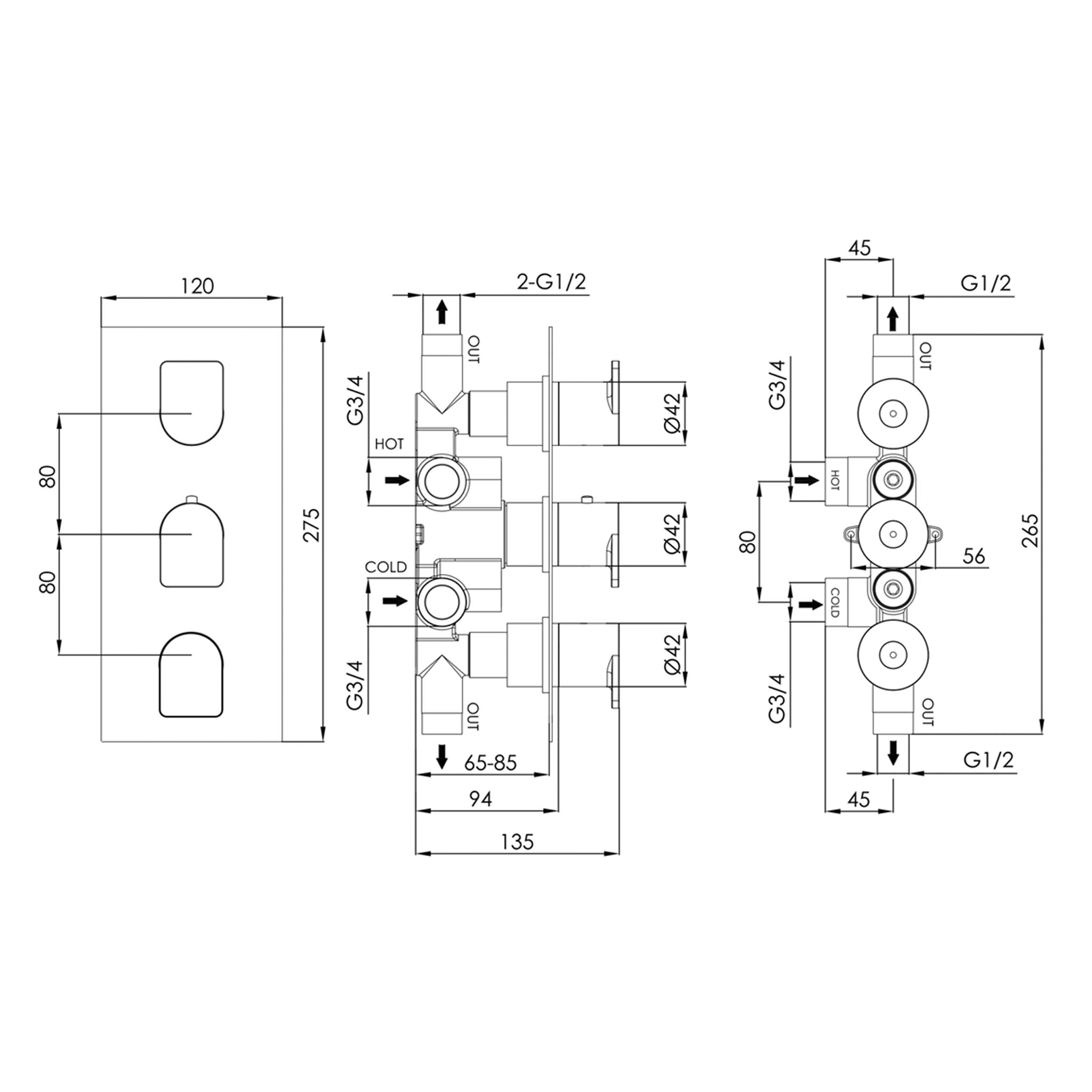 JTP Kio 2 Outlet Thermostatic Concealed 3 Control Shower Valve