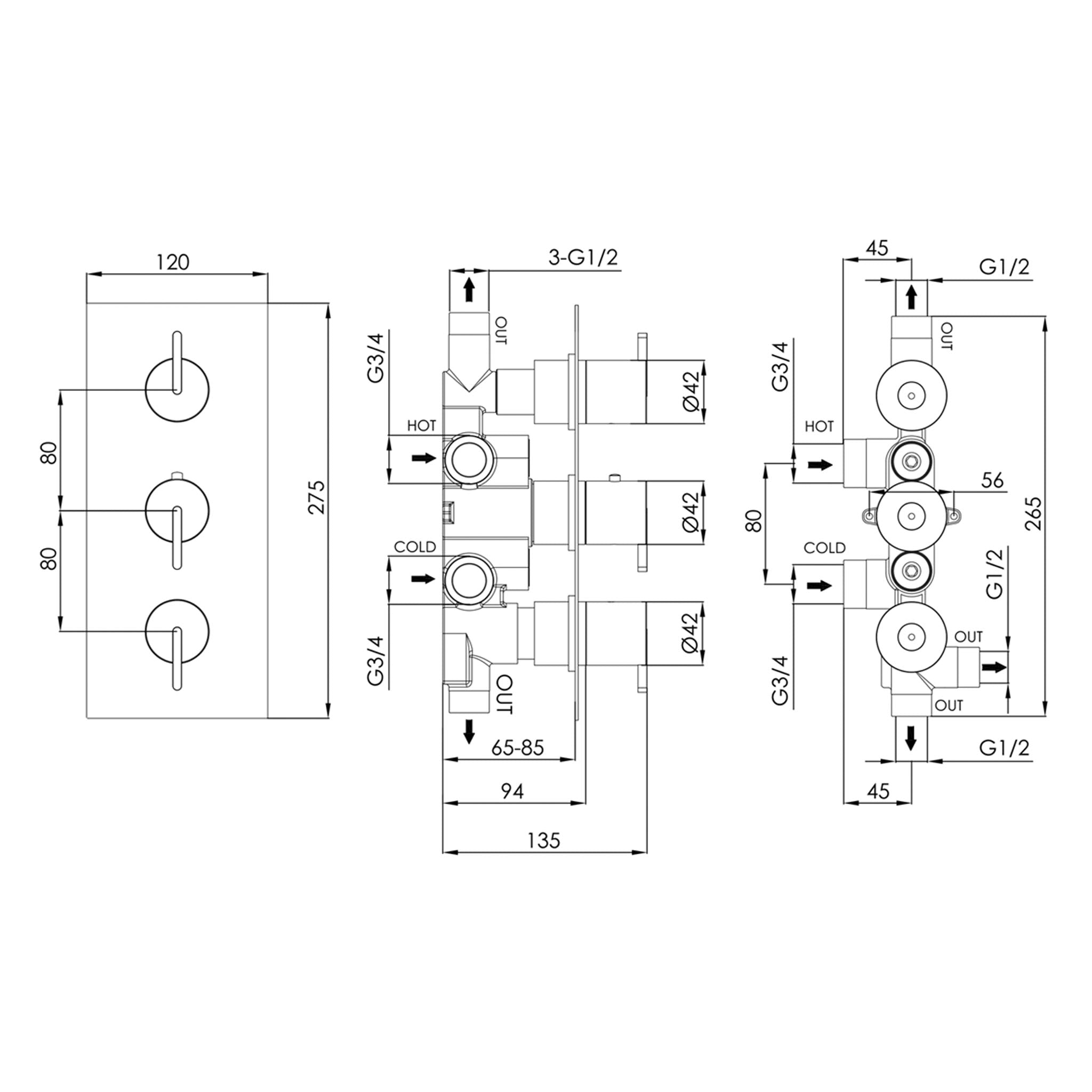 JTP Kio 3 Outlet Thermostatic Concealed 3 Control Shower Valve