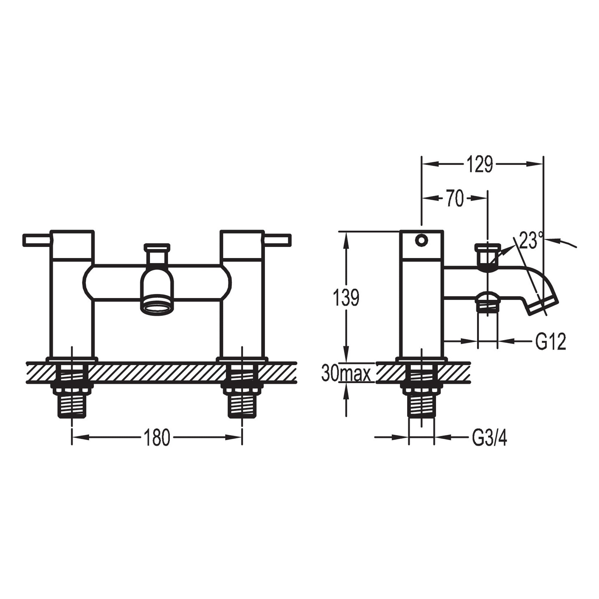 Flova Levo 2-Hole Deck Mounted Bath Shower Mixer Tap