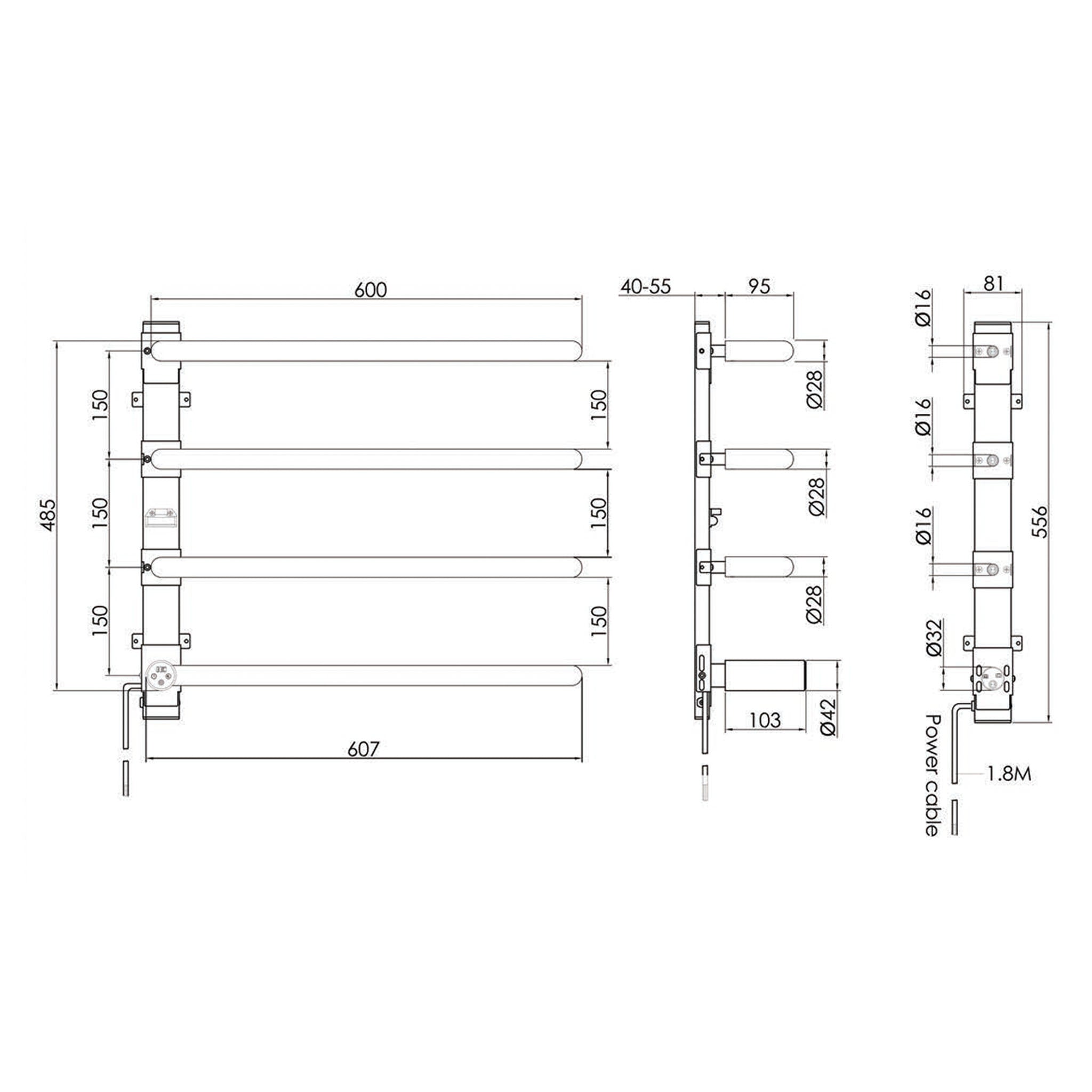 JTP Obi Electric Wall Mounted Heated Towel Rail 600 x 485mm