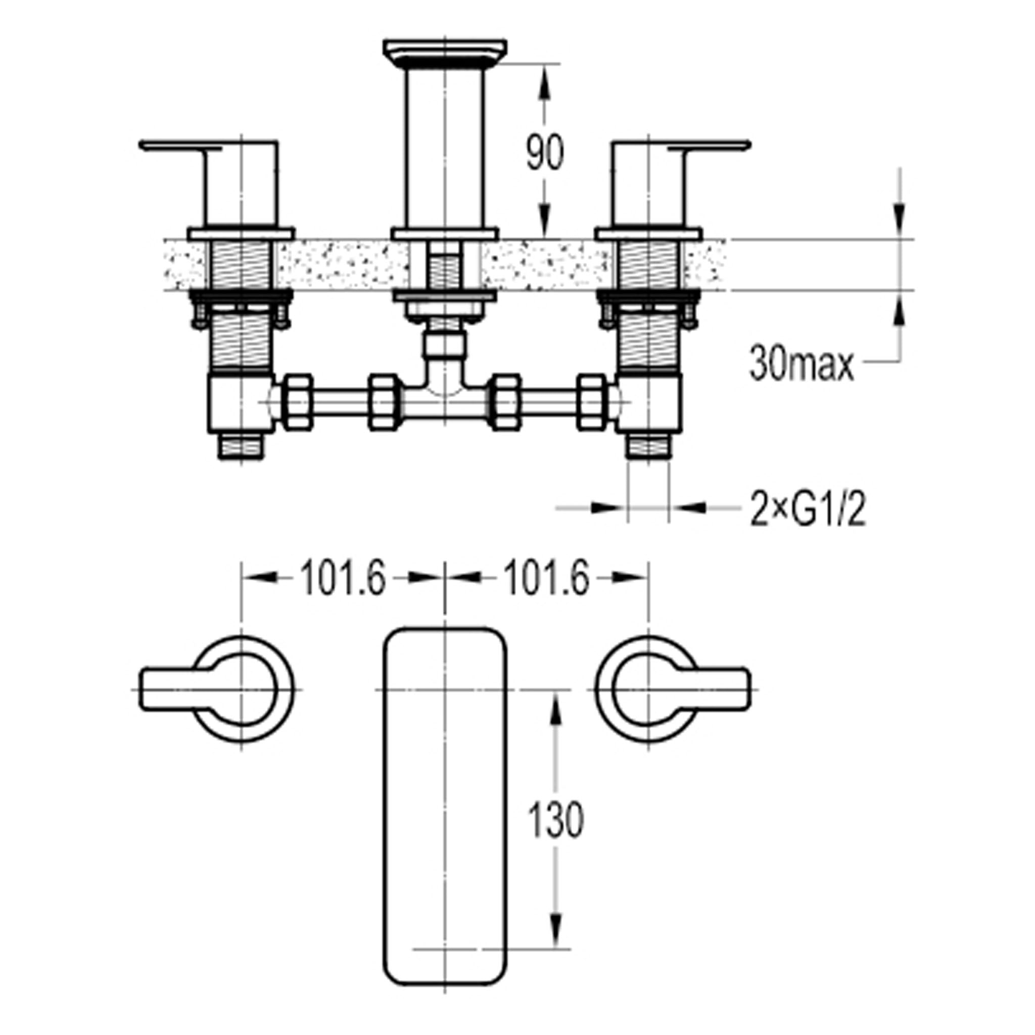 Flova Spring 3-Hole Deck Mounted Basin Mixer Tap & Waste