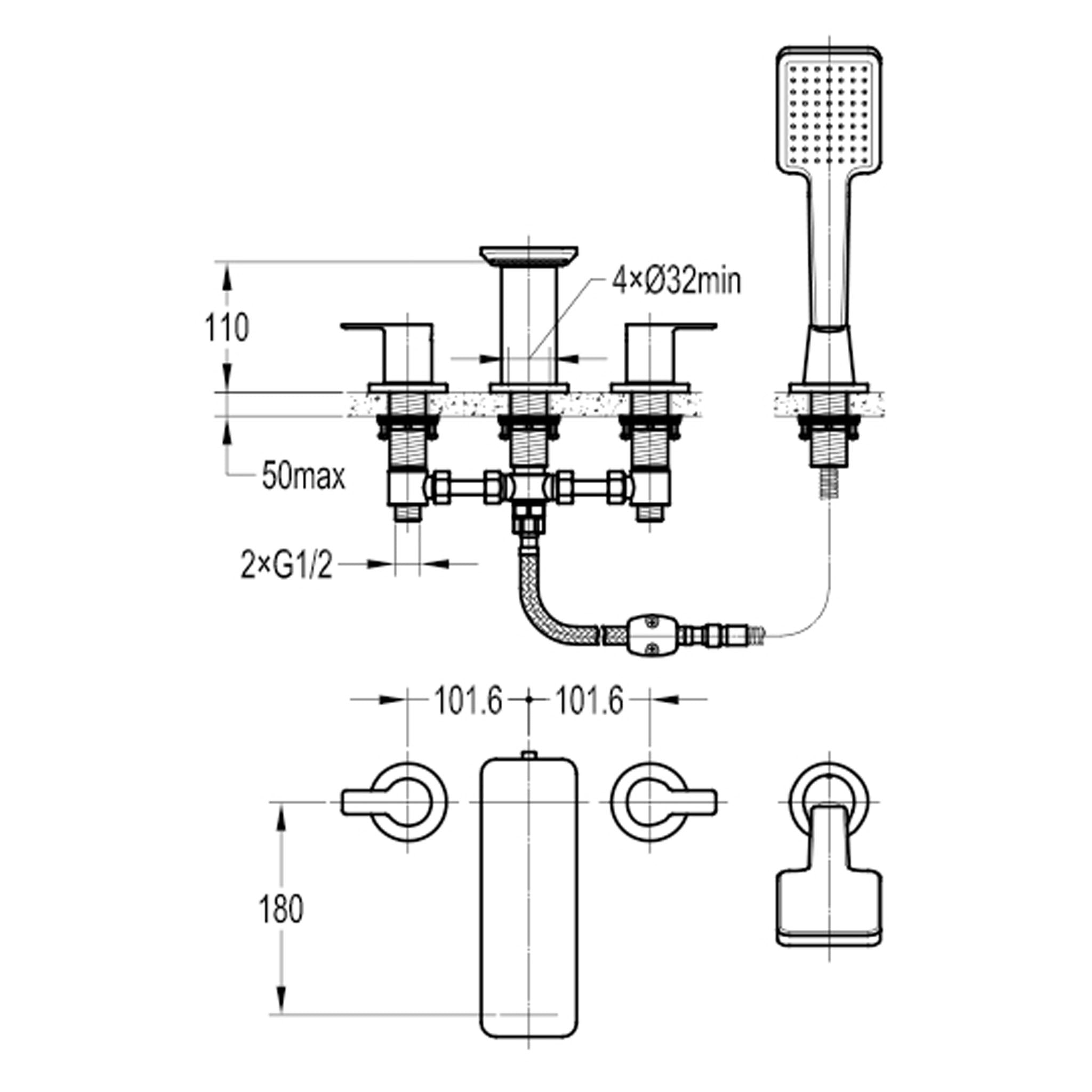 Flova Spring 4-Hole Deck Mounted Bath Shower Mixer Tap