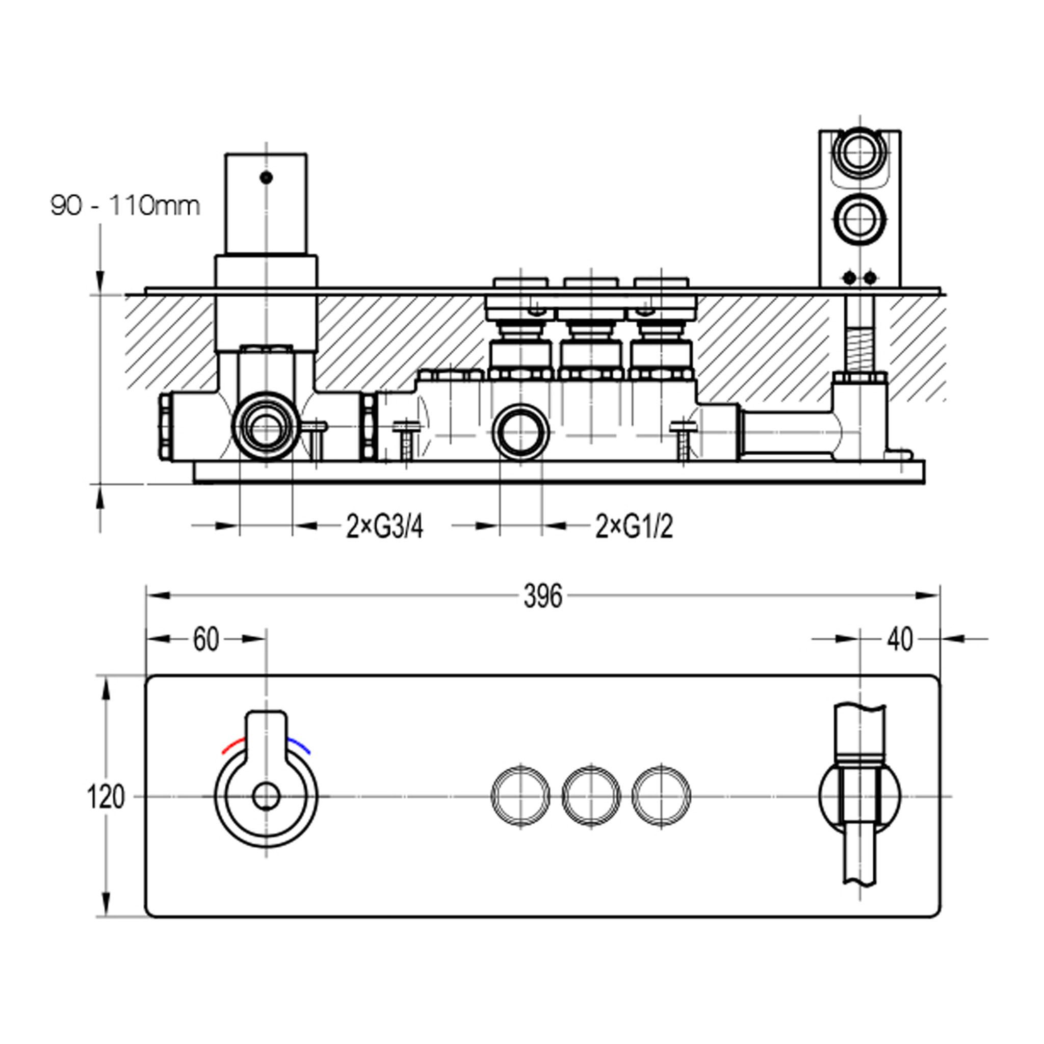 Flova Spring Concealed Thermostatic Horizontal 3-Outlet GoClick Shower Valve