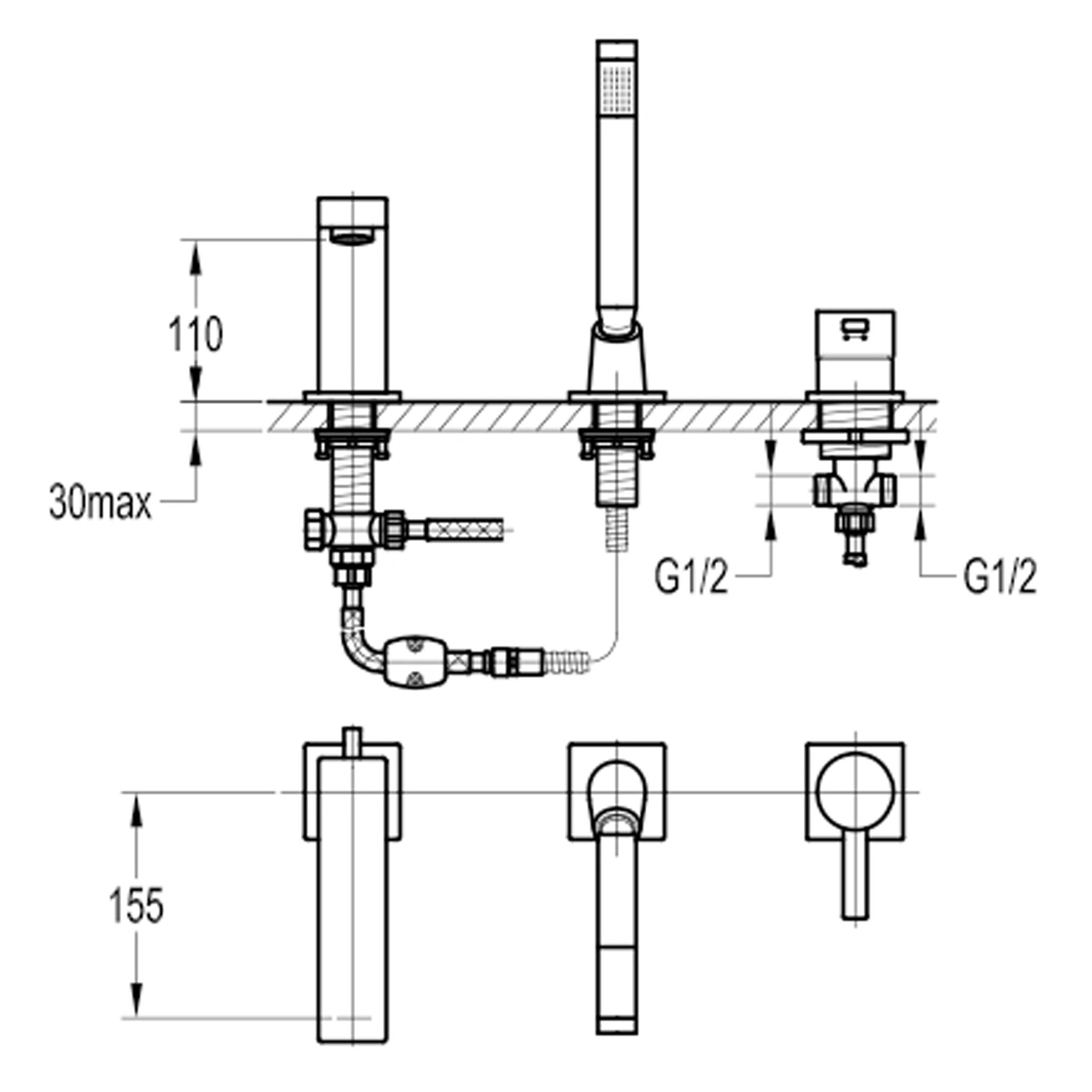 Flova STR8 3-Hole Deck Mounted Bath Shower Mixer Tap