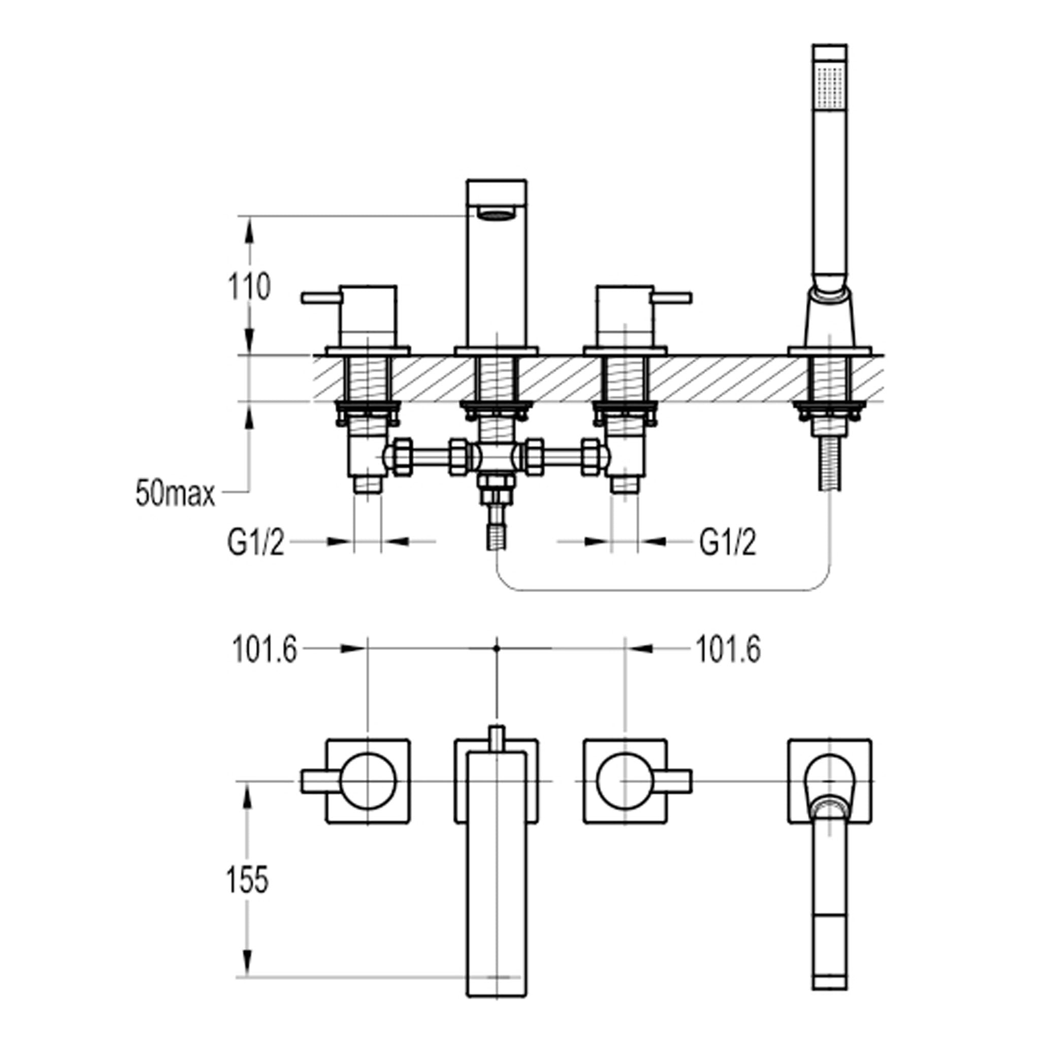 Flova STR8 4-Hole Deck Mounted Bath Shower Mixer Tap