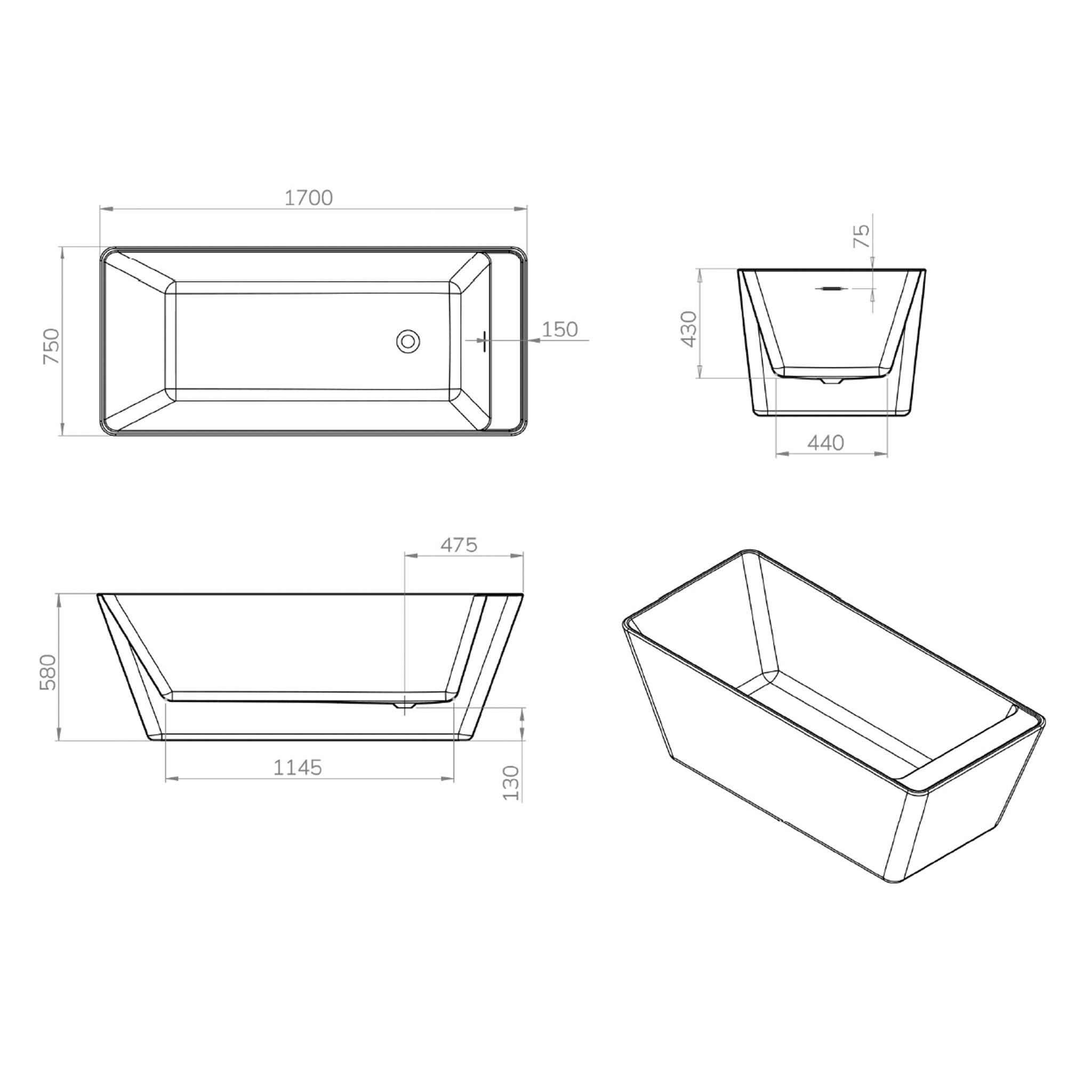 Sonas Seren Freestanding Single/Double Ended Bath 1700 x 750mm