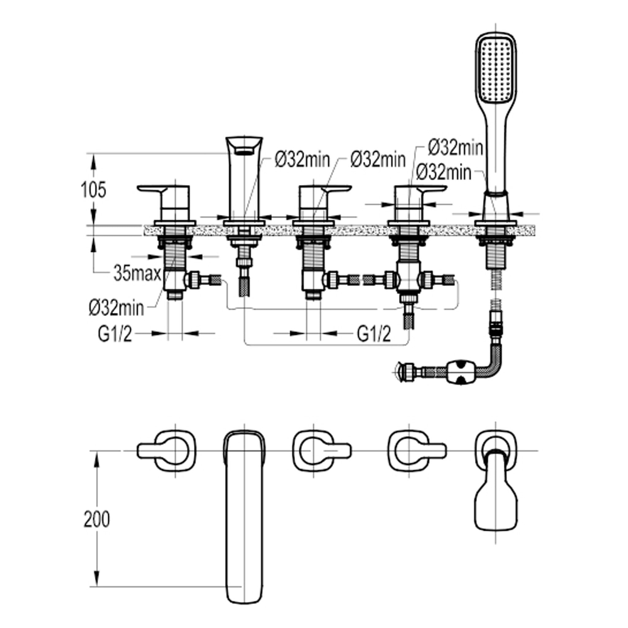 Flova Urban 5-Hole Deck Mounted Bath Shower Mixer Tap