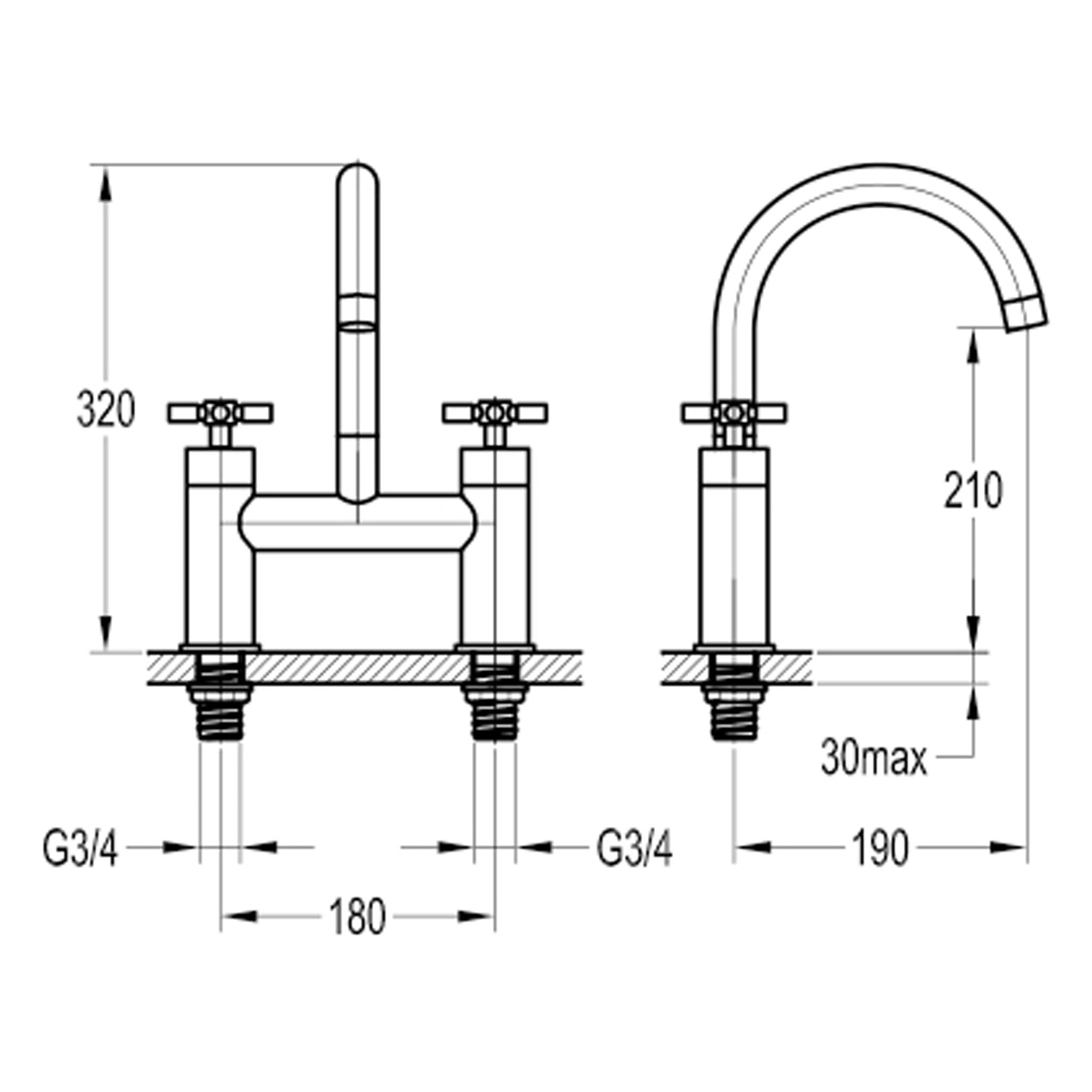 Flova XL 2-Hole Deck Mounted Bath Filler Tap