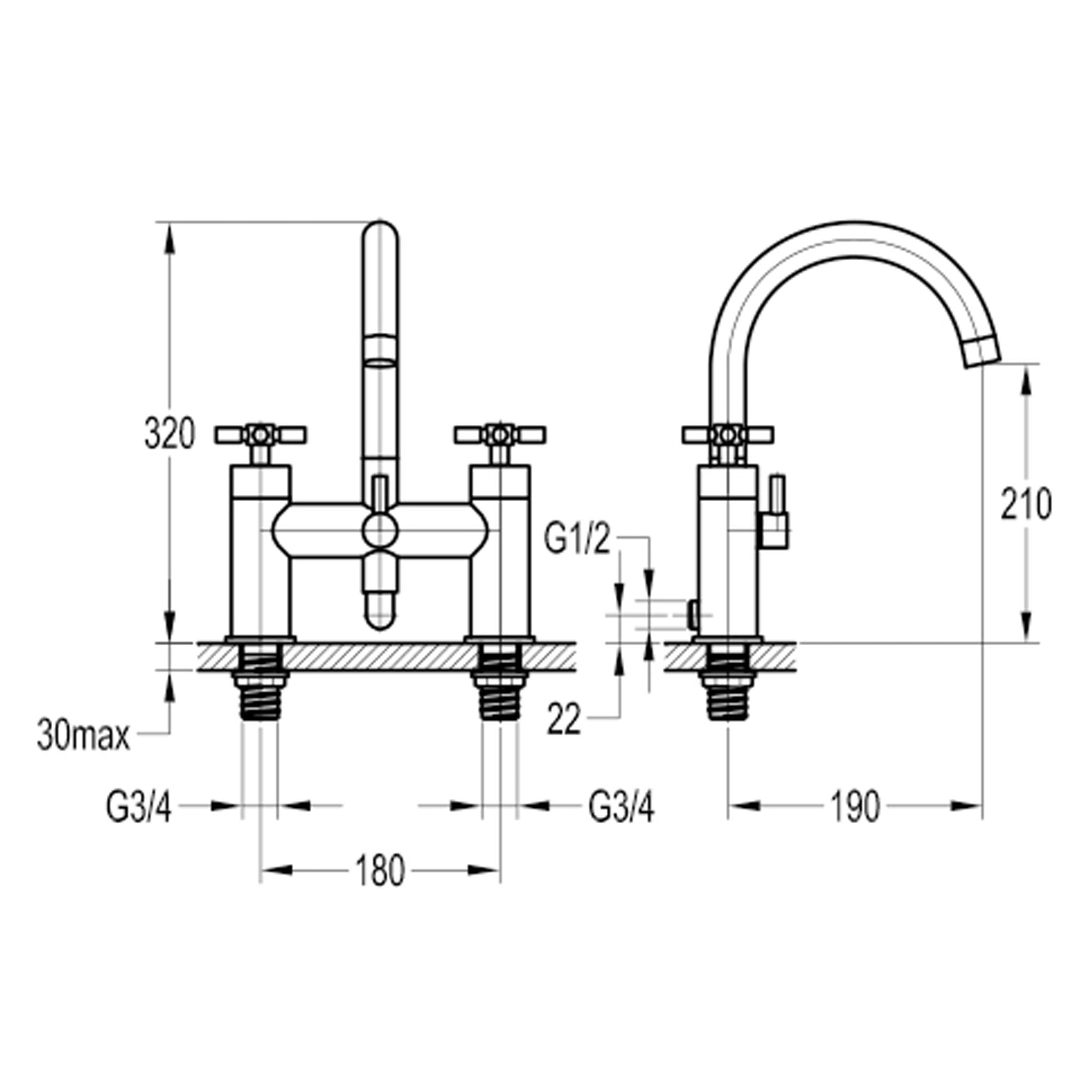 Flova XL 2-Hole Deck Mounted Bath Shower Mixer Tap