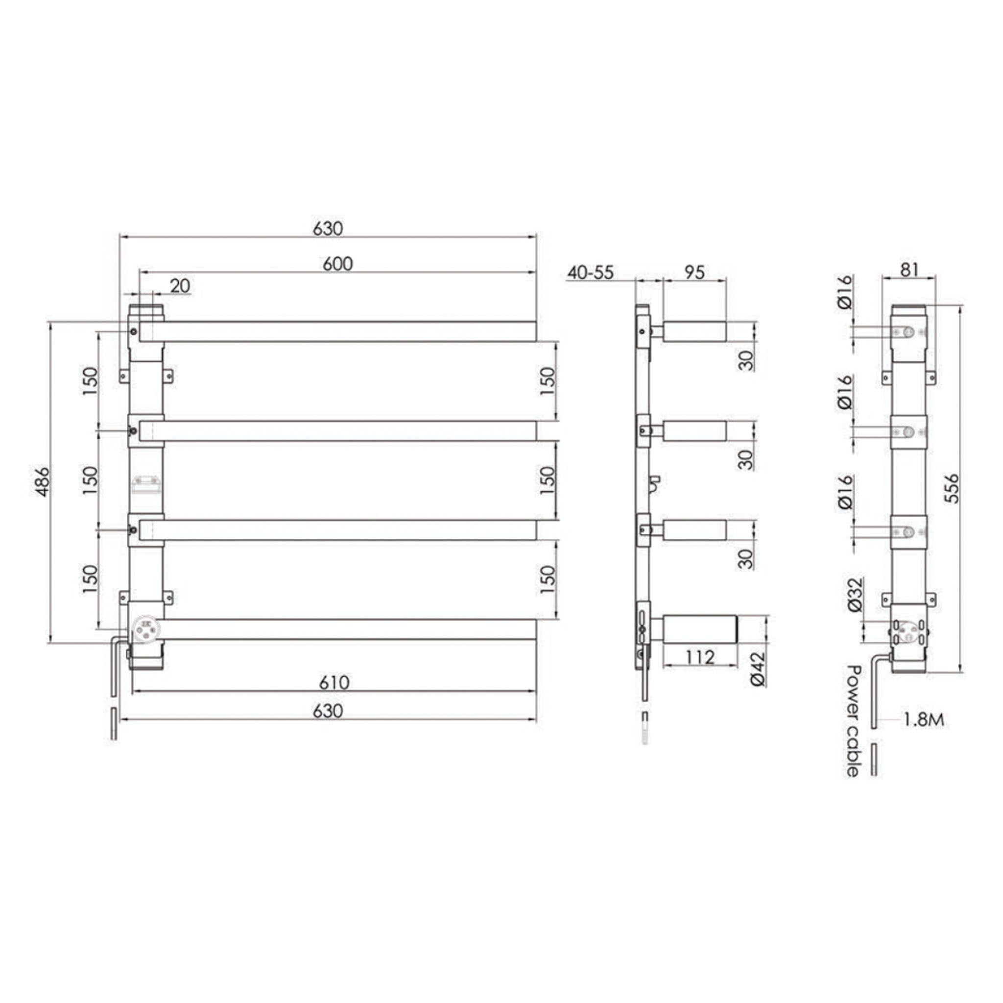 JTP Zyon Electric Wall Mounted Heated Towel Rail 630 x 486mm