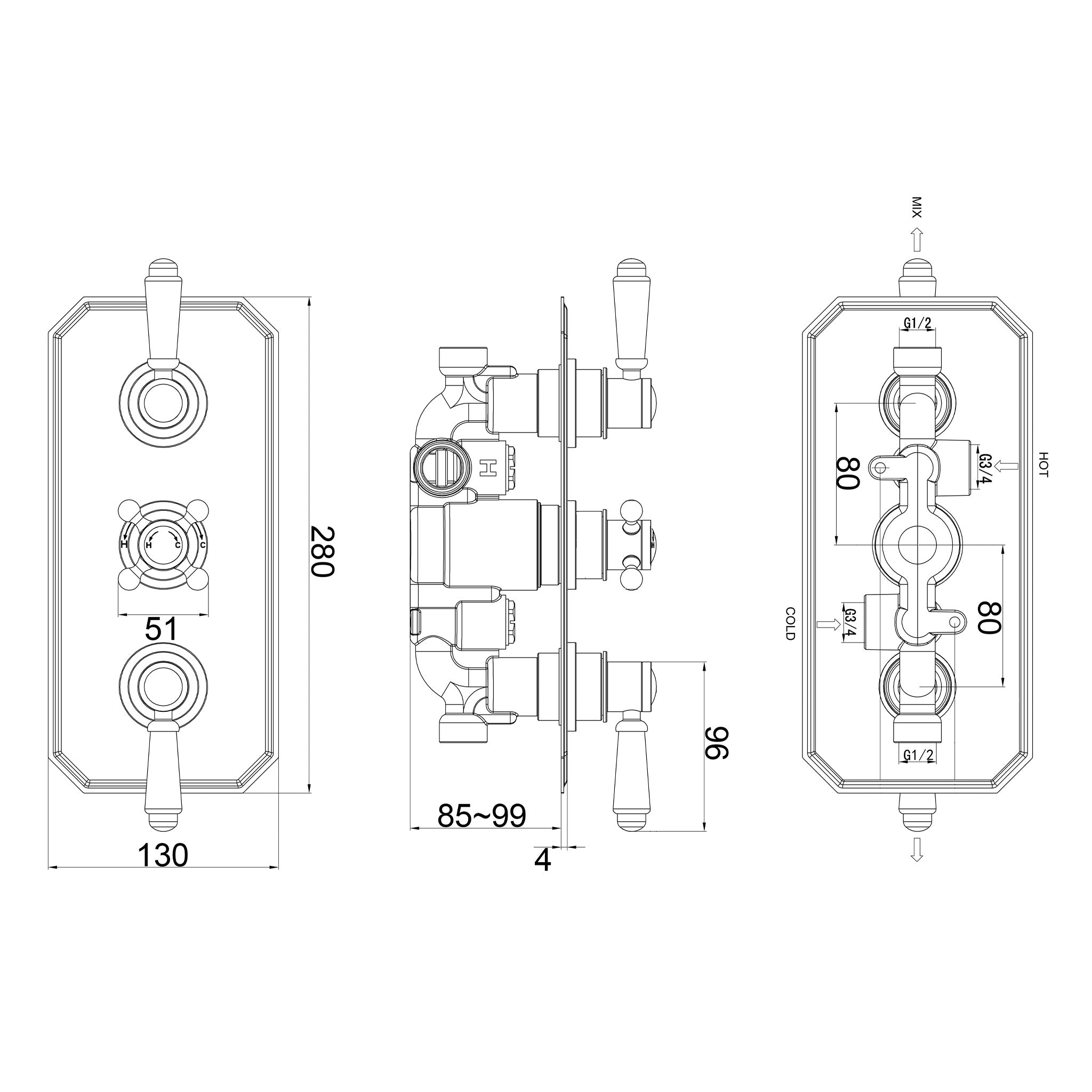 Union Traditional Concealed Thermostatic Shower Valve Dual Function